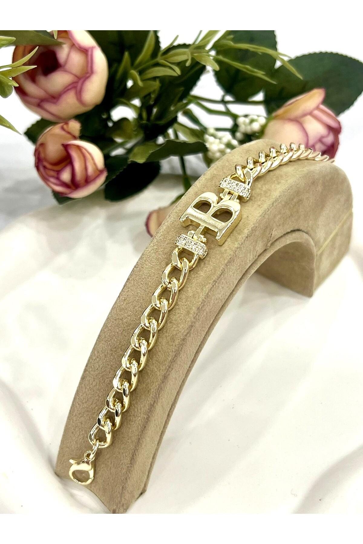 Vip Harf B Zirkon Taşlı Bileklik(14K GOLD / 15-20CM)