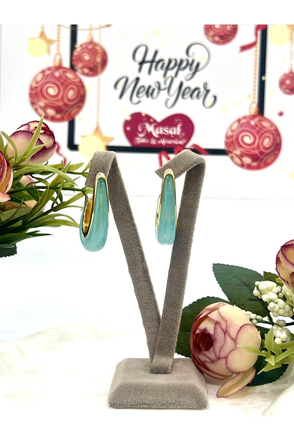 Renkli Damla Mineli Küpe (4x2,2cm) - Görsel 6