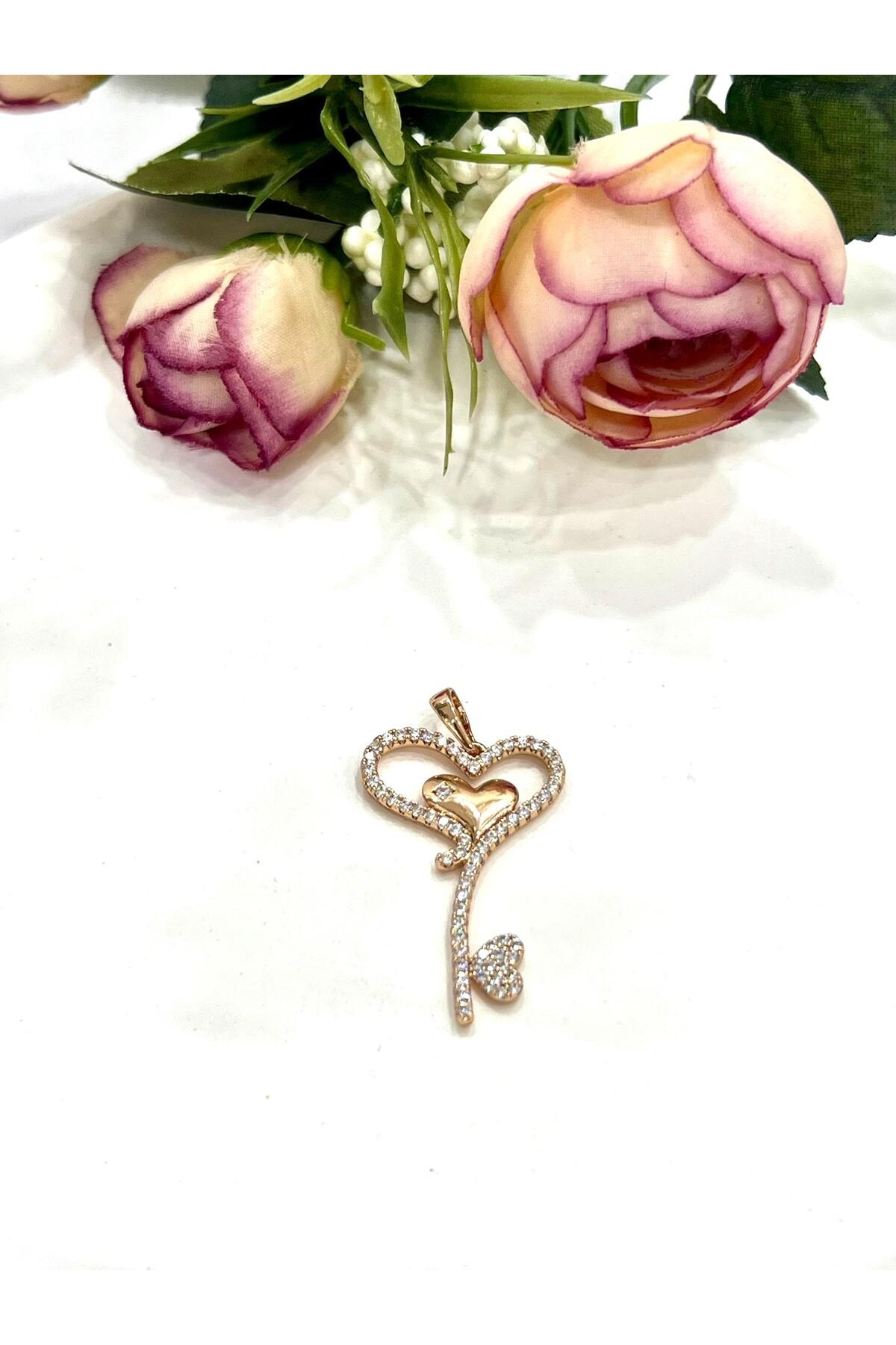 Zirkon Taşlı Kalp Figürlü Kolye Ucu (18K ROSE3,5X2CM) - Görsel 2