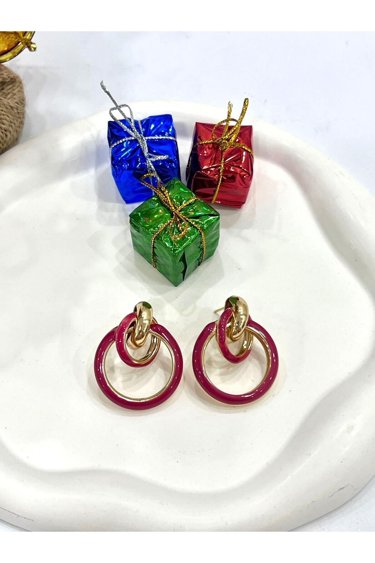 Tasarım Halka Gold Kırmızı Küpe (3.5x3cm) - Görsel 6