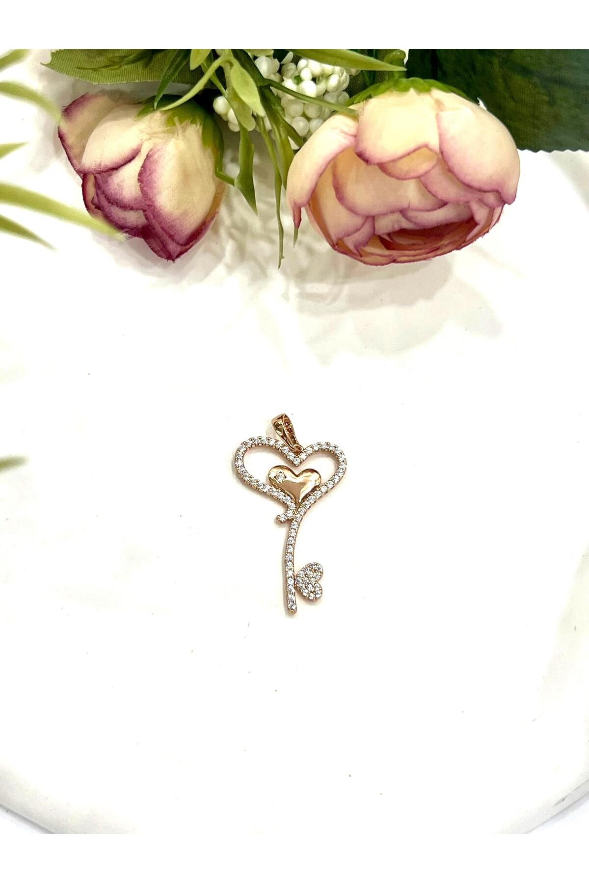 Zirkon Taşlı Kalp Figürlü Kolye Ucu (18K ROSE3,5X2CM) - Görsel 3