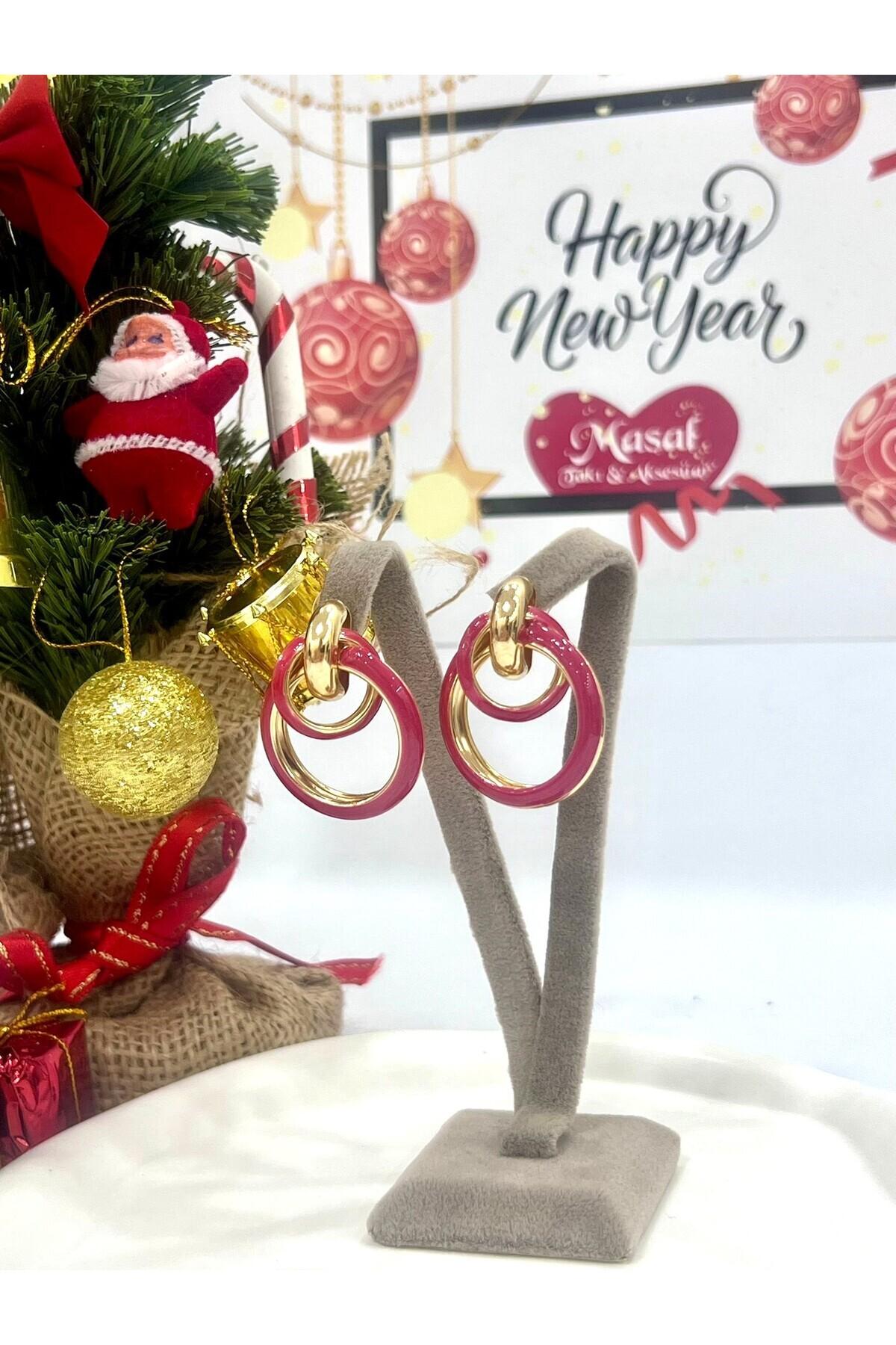 Tasarım Halka Gold Kırmızı Küpe (3.5x3cm) - Görsel 8