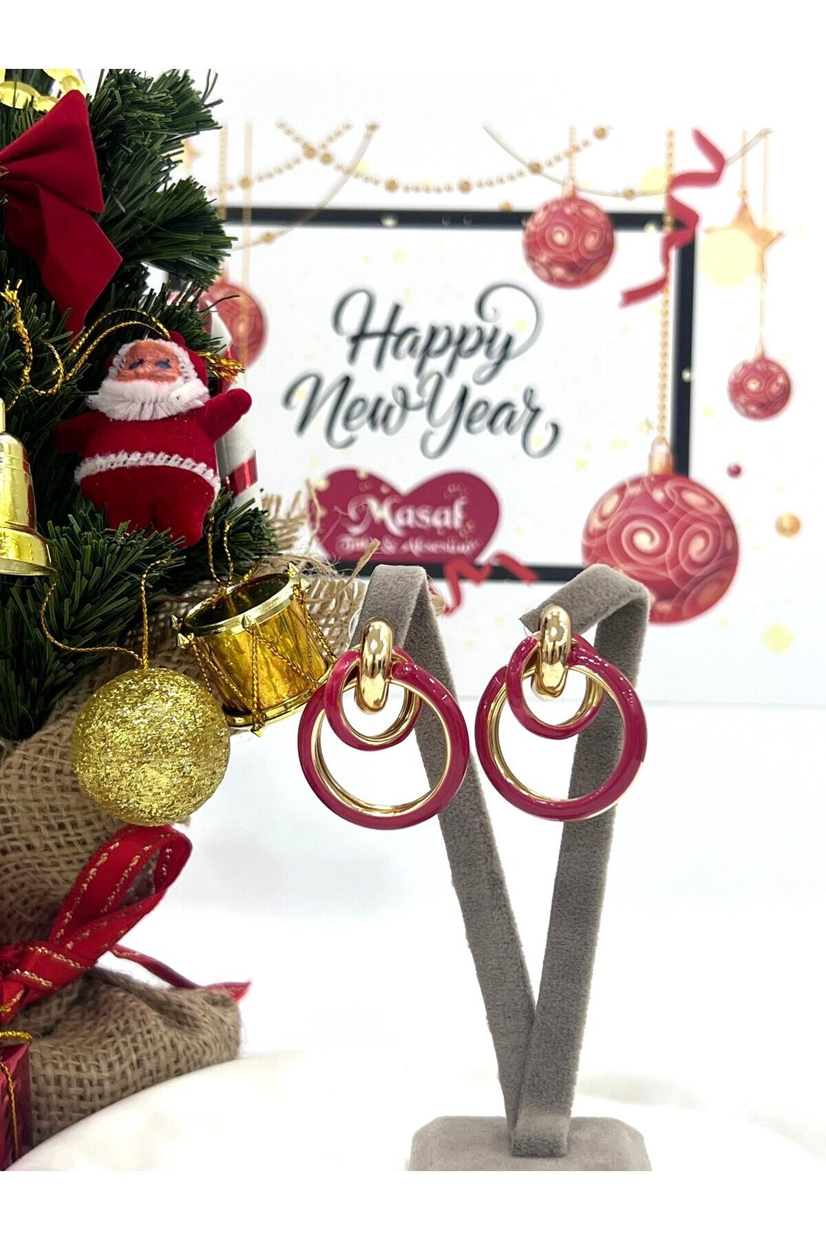 Tasarım Halka Gold Kırmızı Küpe (3.5x3cm) - Görsel 4