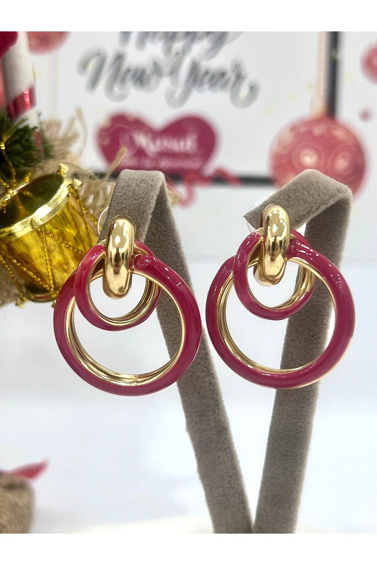 Tasarım Halka Gold Kırmızı Küpe (3.5x3cm)