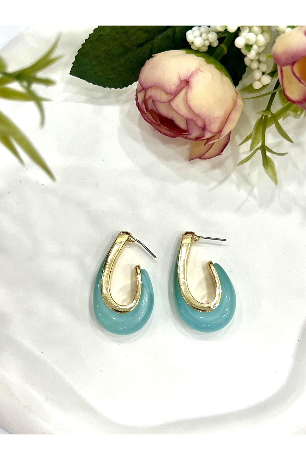 Renkli Damla Mineli Küpe (4x2,2cm) - Görsel 3