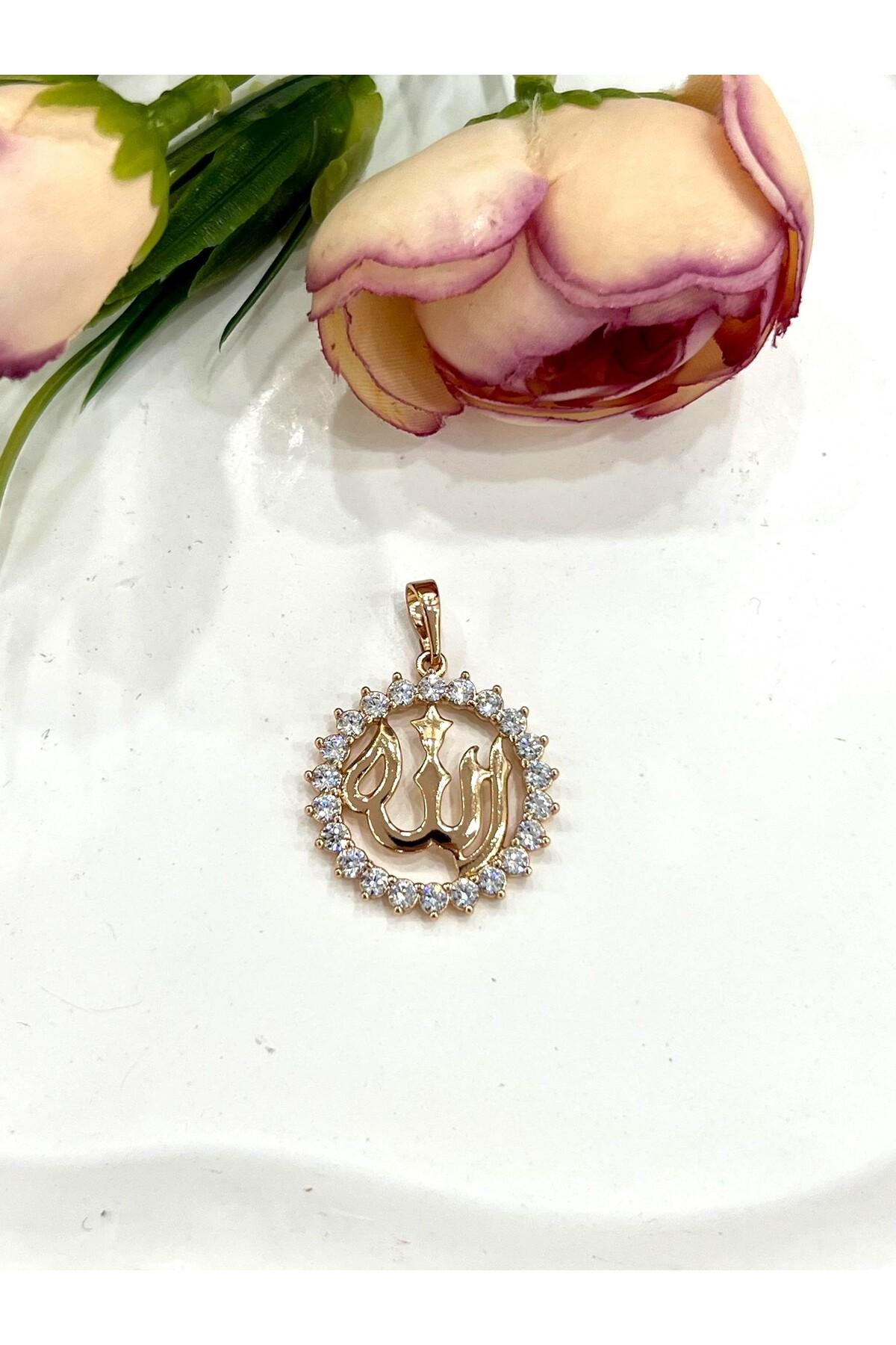 Allah Lafızlı Zirkon Taş Detaylı Kolye Ucu (18k Gold 2,3x2,3cm) - Görsel 3