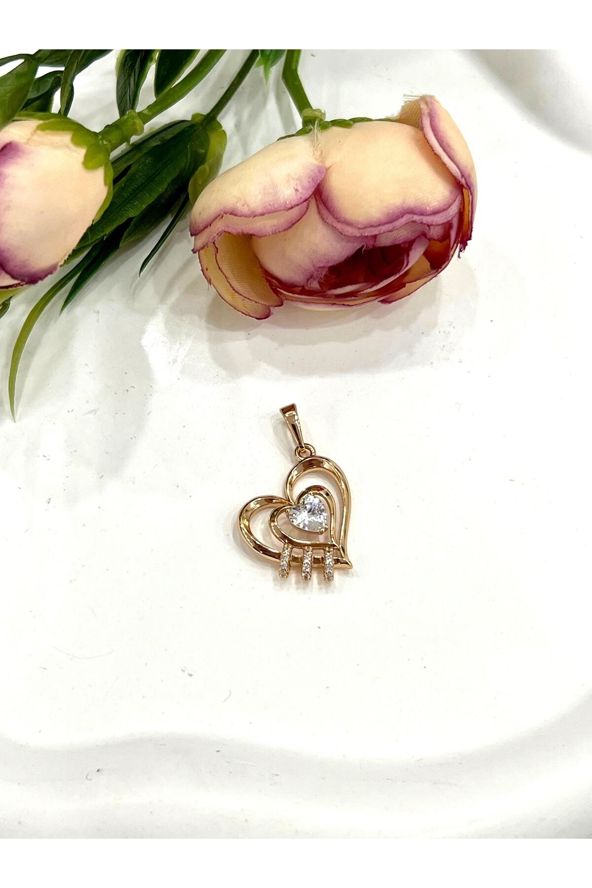 Kalpli Tek Taş Kolye Ucu (18K ROSE 2X2CM) - Görsel 3