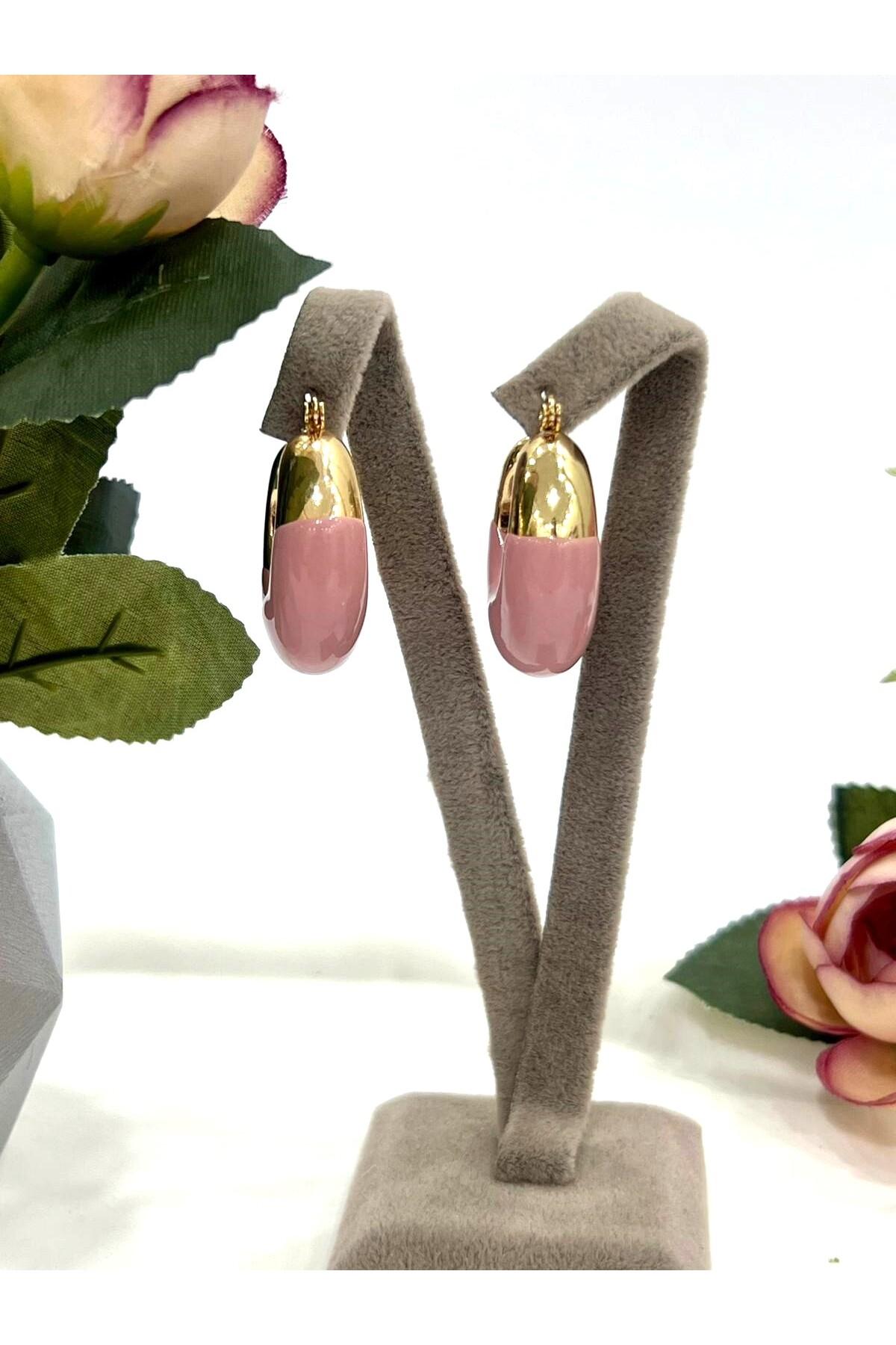 Mineli Tam Halka Metal Gold Pembe Küpe (3x3cm) - Görsel 3