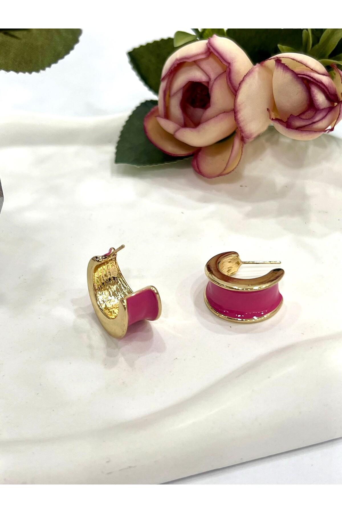 Mineli Halka Pembe Küpe (2x2cm) - Görsel 3