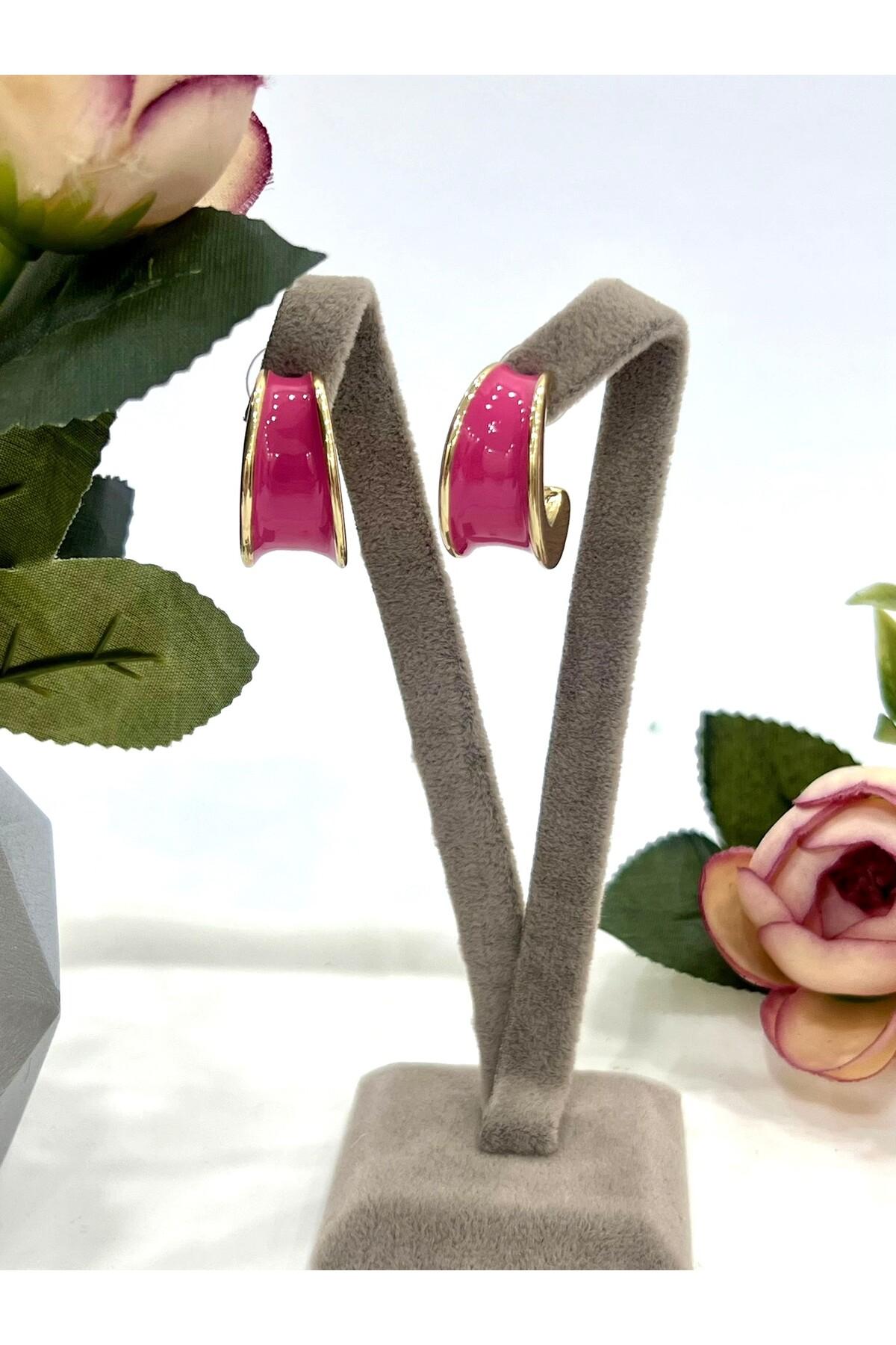 Mineli Halka Pembe Küpe (2x2cm) - Görsel 2