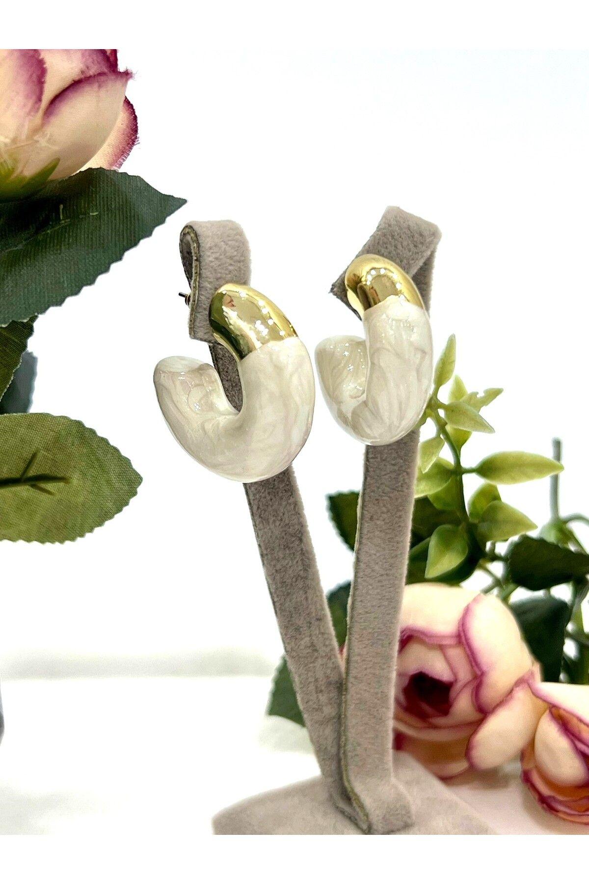 Krem Rengi Gold Çift Renk Küpe (3x3cm)