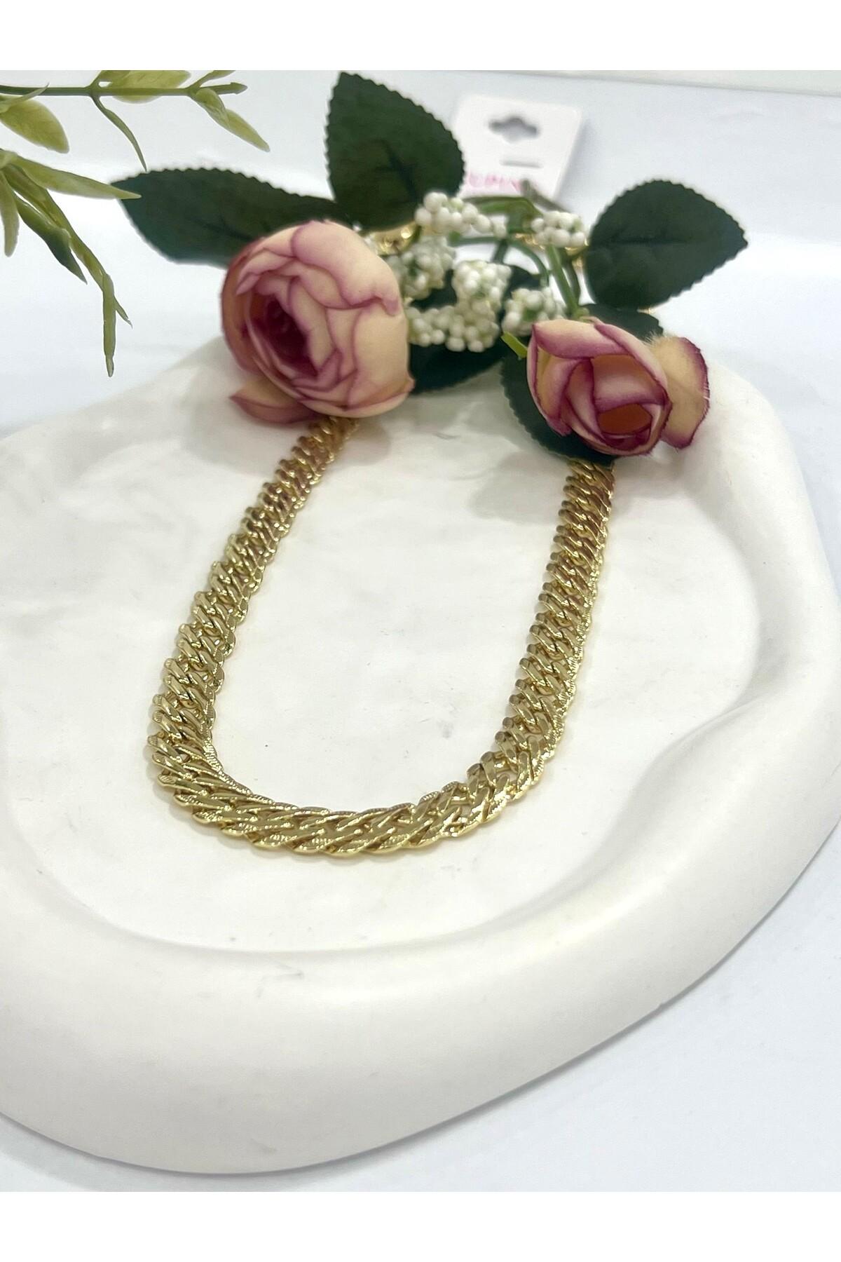 1cm Yassı Gurmet Çelik Zincir Kolye (14k Gold 60cm) - Görsel 4