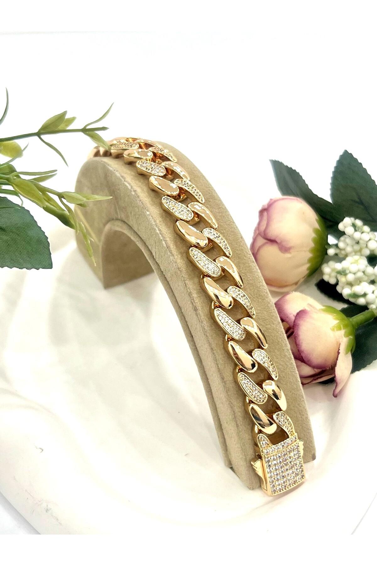 Xupıng Gurmet Sıralı Zirkon Taşlı Kalın Çelik Kararmaz 1,3 cm (VİP SERİ YÜKSEK KALİTE 19,5CM)