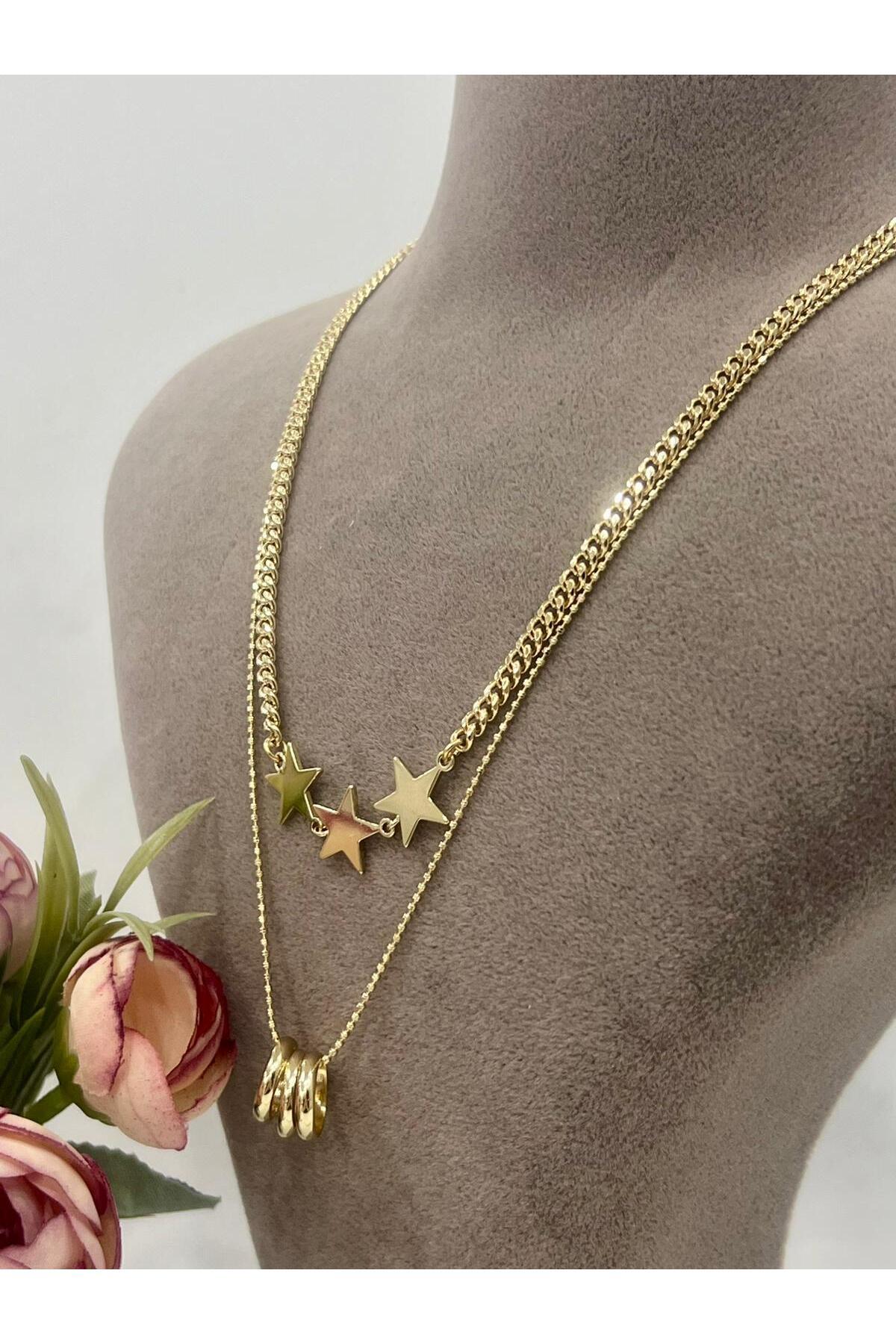 XUPING Yıldız Halkalı İkili Çelik Kolye (14k Gold - 39/44cm)