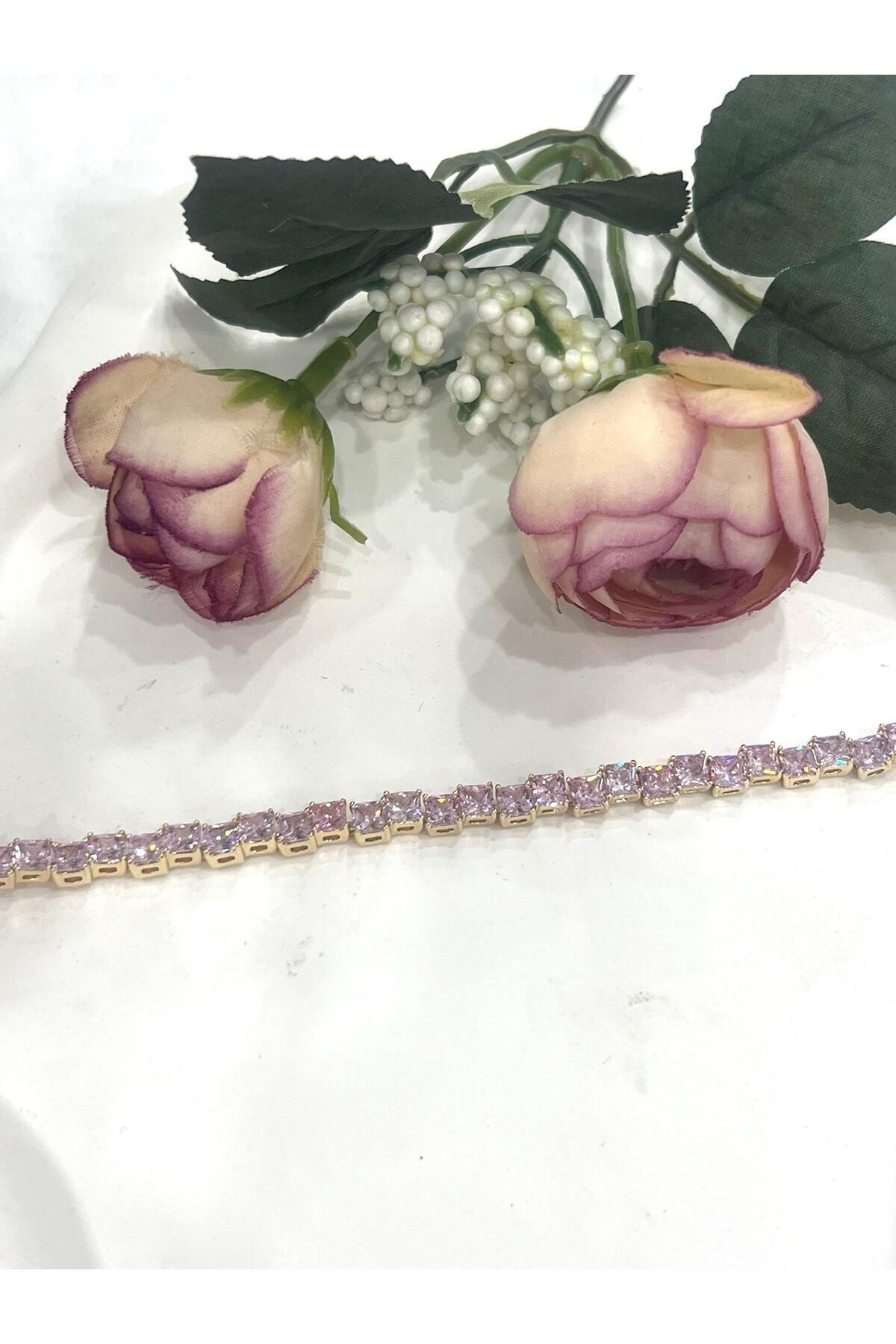 Özel Kaplama Altın Rengi Pırlanta Pembe Montür Taşlı Kalın Baget Bileklik (14K GOLD /15+2CM) - Görsel 3