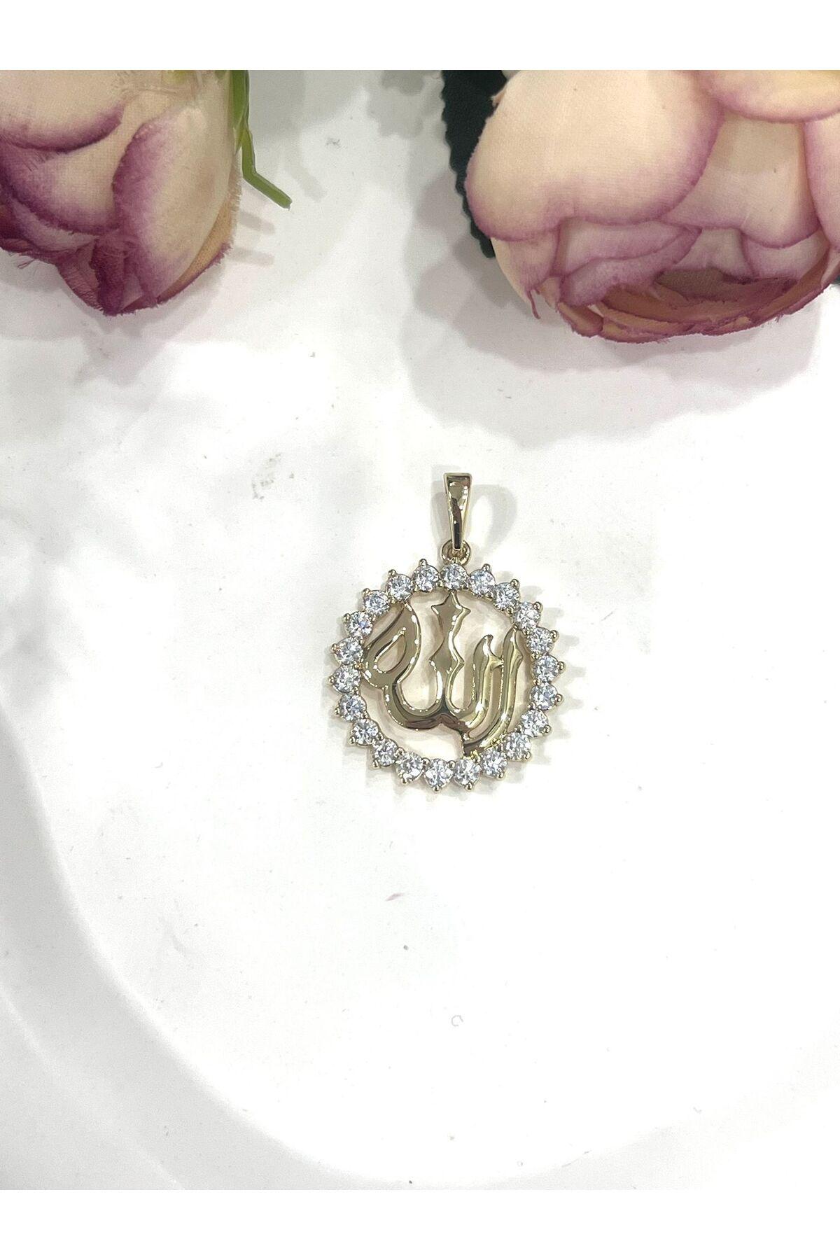 Allah Lafızlı Zirkon Taş Detaylı Kolye Ucu (14k Gold 2,3x2,3cm) - Görsel 2