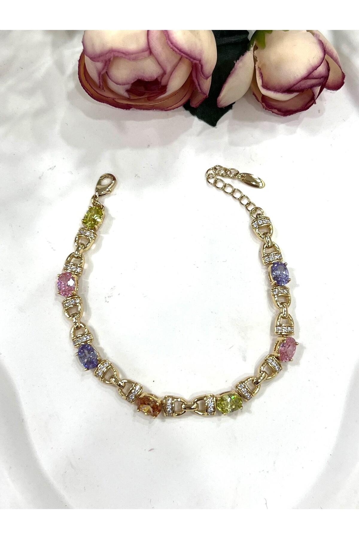 VİP Renkli Zirkon Taşlı Özel Çelik Bileklik (14K Gold/16-19cm) - Görsel 2