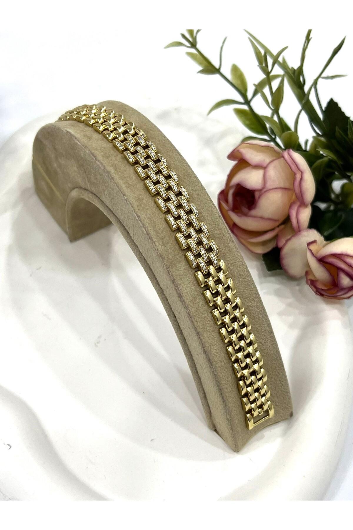 Özel Seri Zirkon Taşlı Gold Hasır Çelik Bileklik (14k-16/18cm)