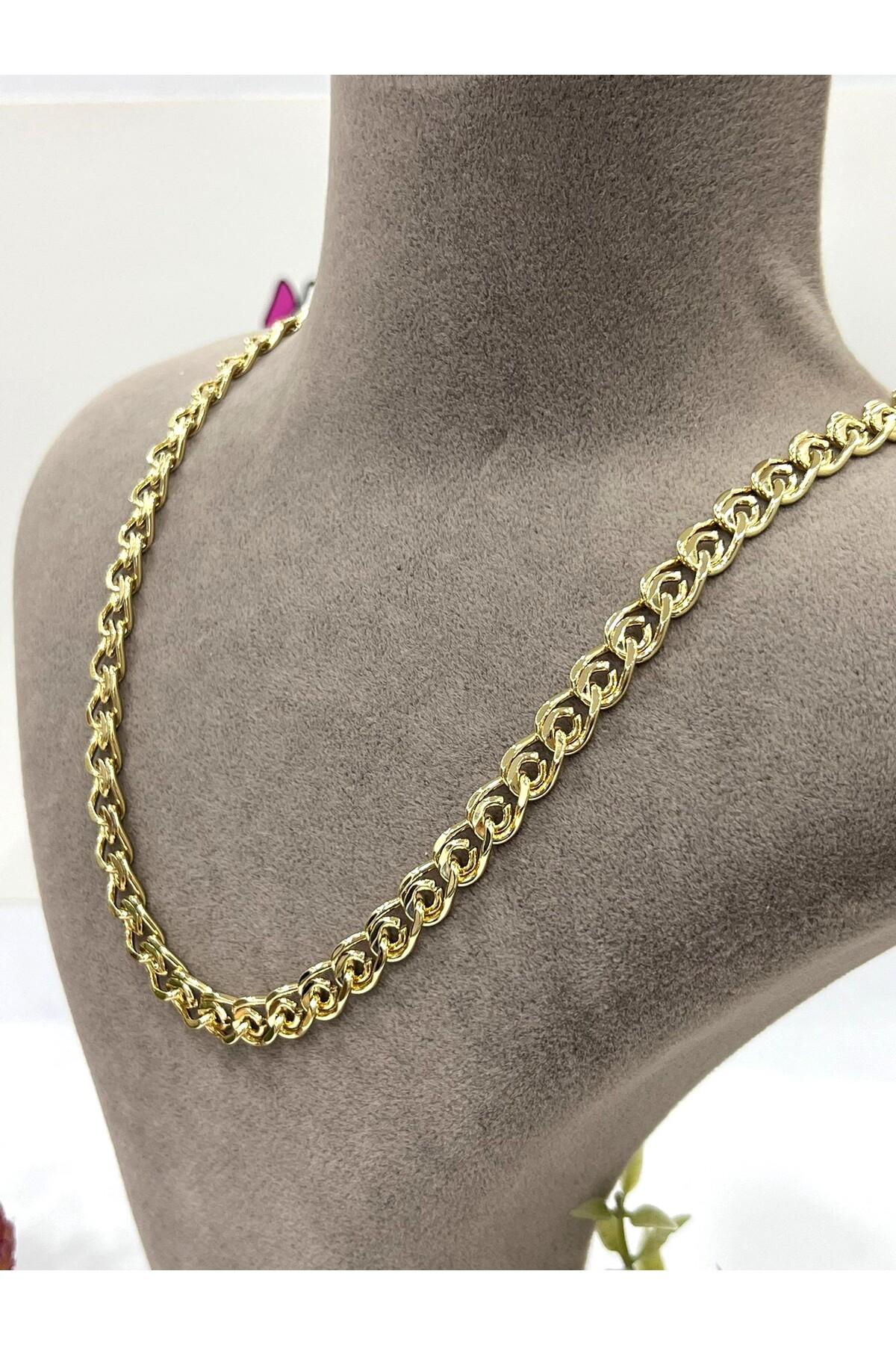 Birbirine Geçme Çok Sayıda Halkadan Oluşan Kalın Zincir Çelik Kolye (14k Gold - 50cm)