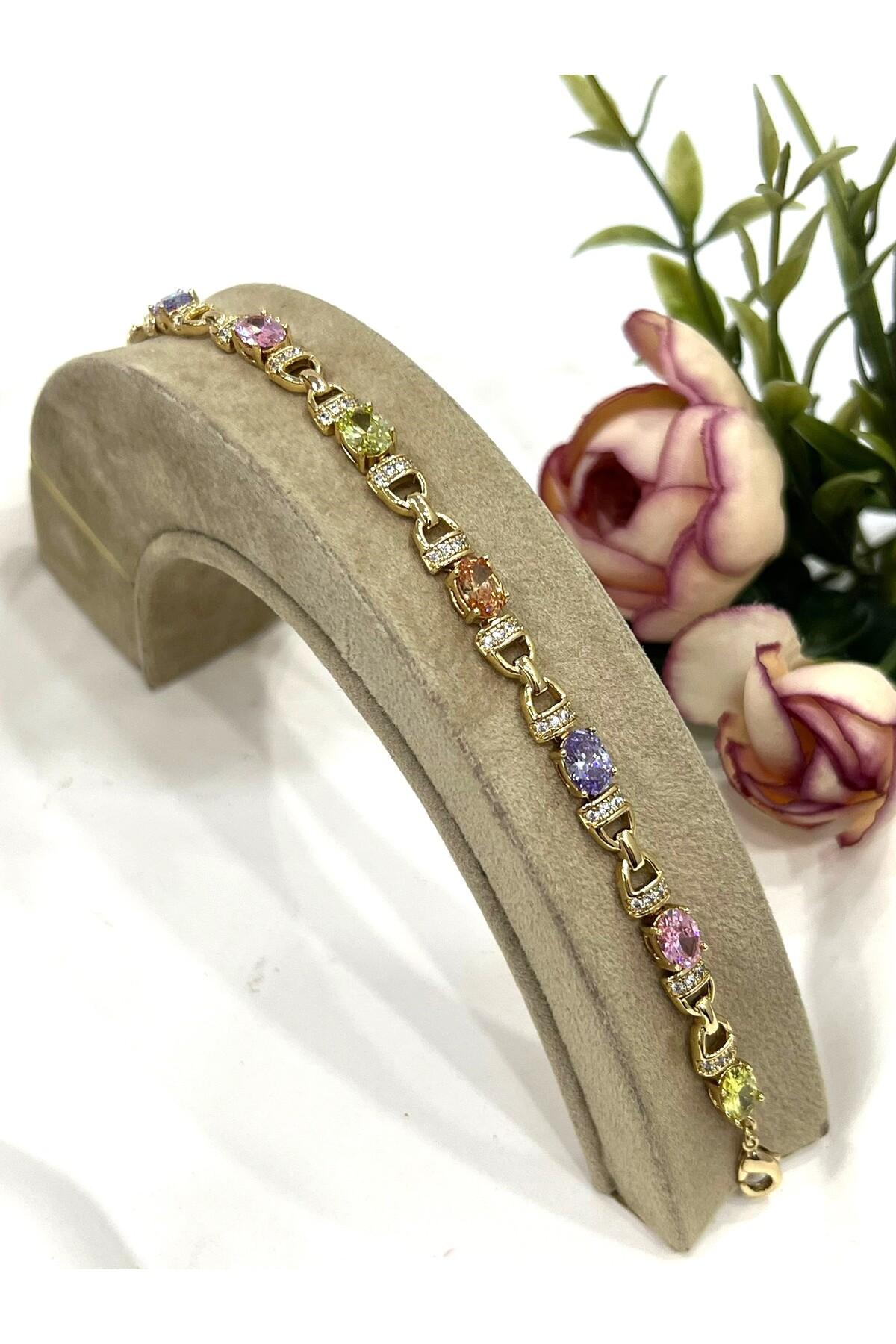 VİP Renkli Zirkon Taşlı Özel Çelik Bileklik (14K Gold/16-19cm)