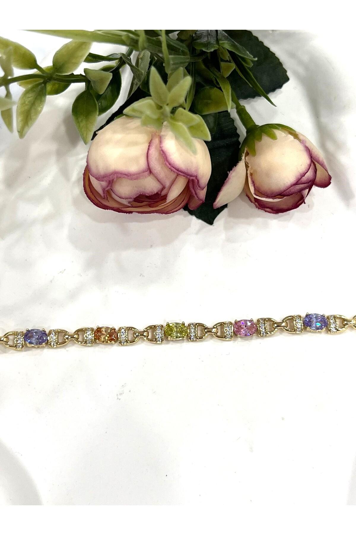 VİP Renkli Zirkon Taşlı Özel Çelik Bileklik (14K Gold/16-19cm) - Görsel 4