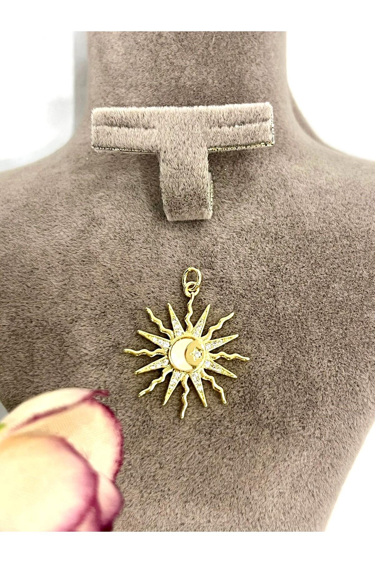Ay yıldızlı Güneş Kolye Ucu (14k Gold 2,5x2,2cm)