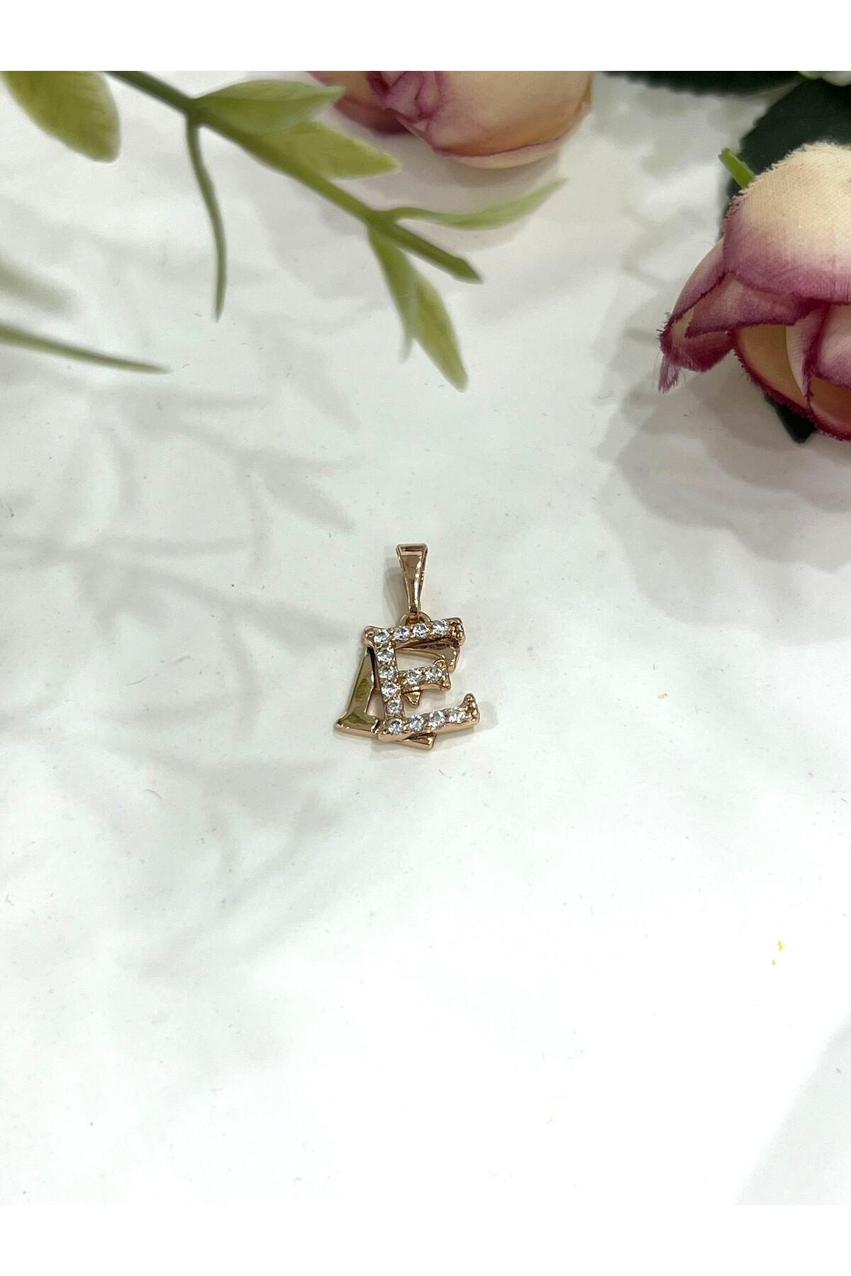 Zirkon Taşlı Harf E Kolye Ucu (18k Rose 1x1cm) - Görsel 2