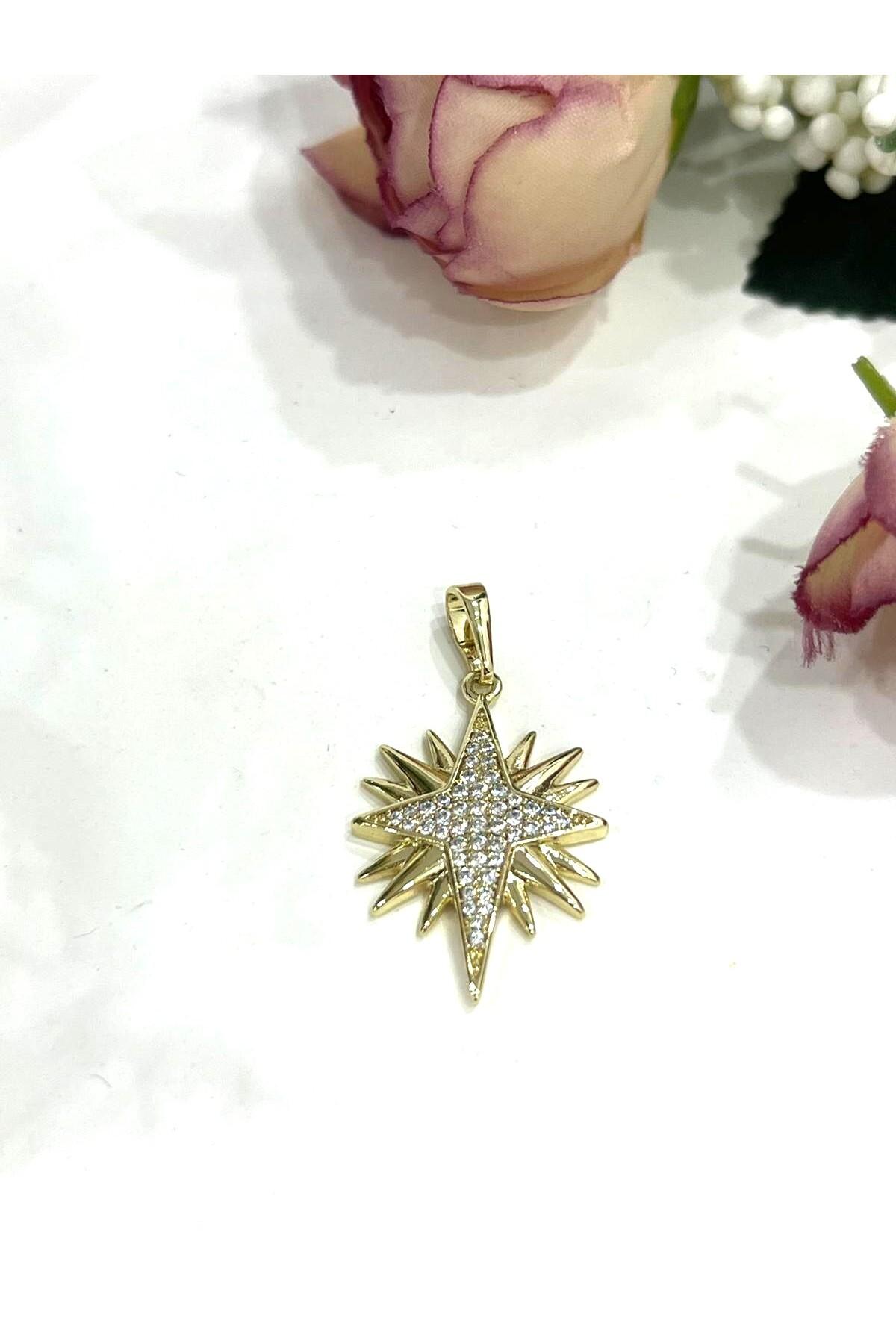 Gold Renk Zirkon Taşlı Kutup Yıldızı Kolye Ucu (14k Gold 2x1,5cm) - Görsel 4