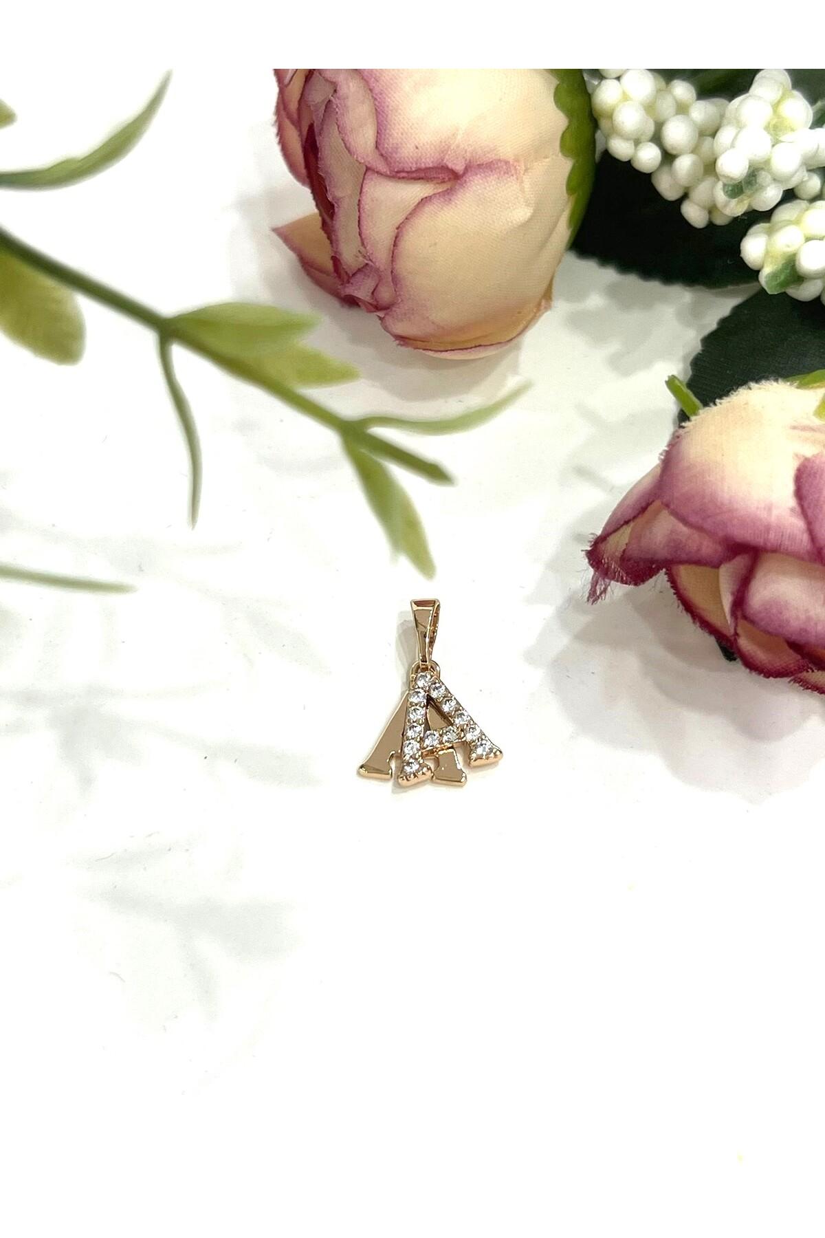 Zirkon Taşlı Harf A Kolye Ucu (18k Rose 1x1cm) - Görsel 2