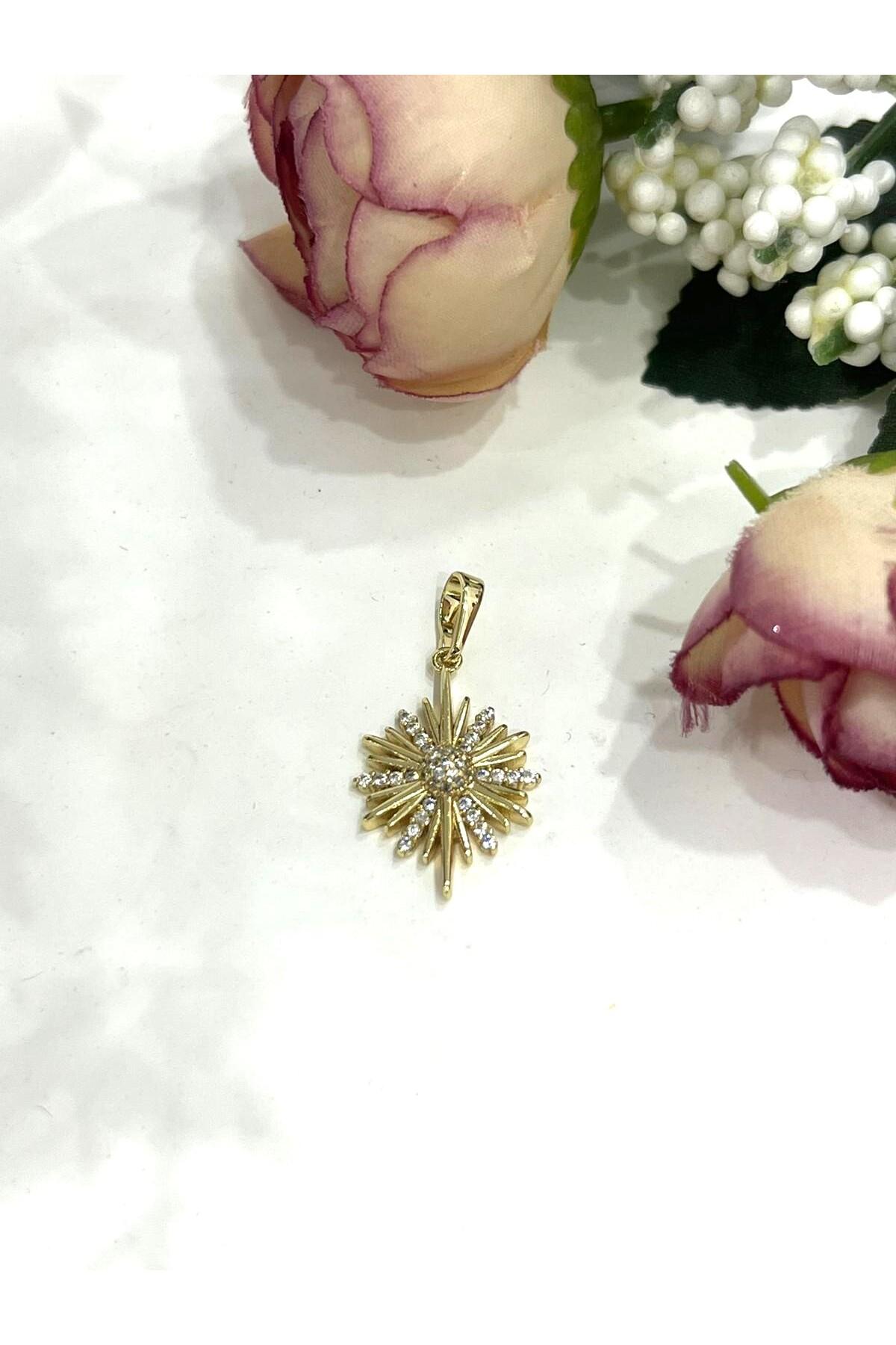 Gold Renk Zirkon Taşlı Kutup Yıldızı Kolye Ucu (14k Gold 2x1,5cm) - Görsel 3