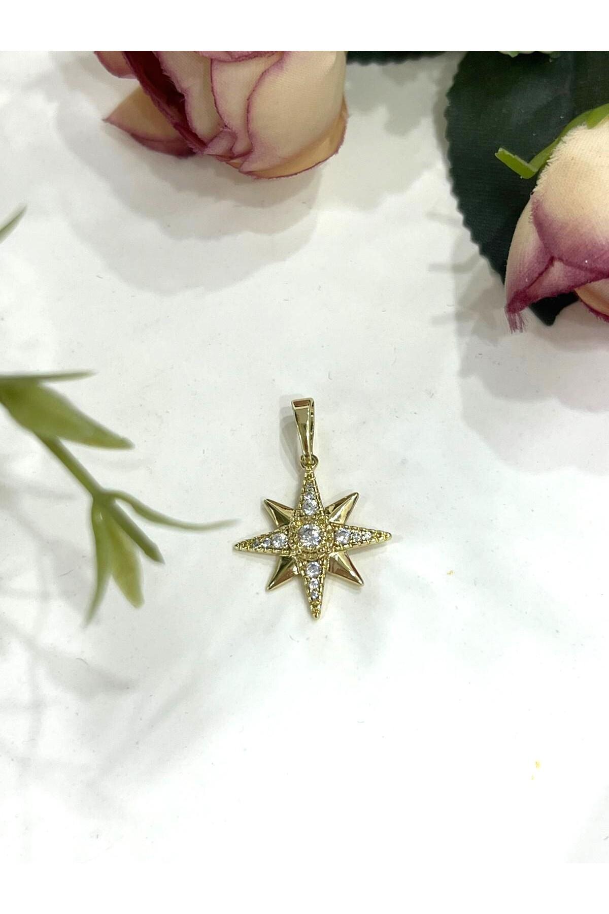 Ortası Taşlı Yıldız Altın Kolye Ucu (14k Gold 2x2cm) - Görsel 2