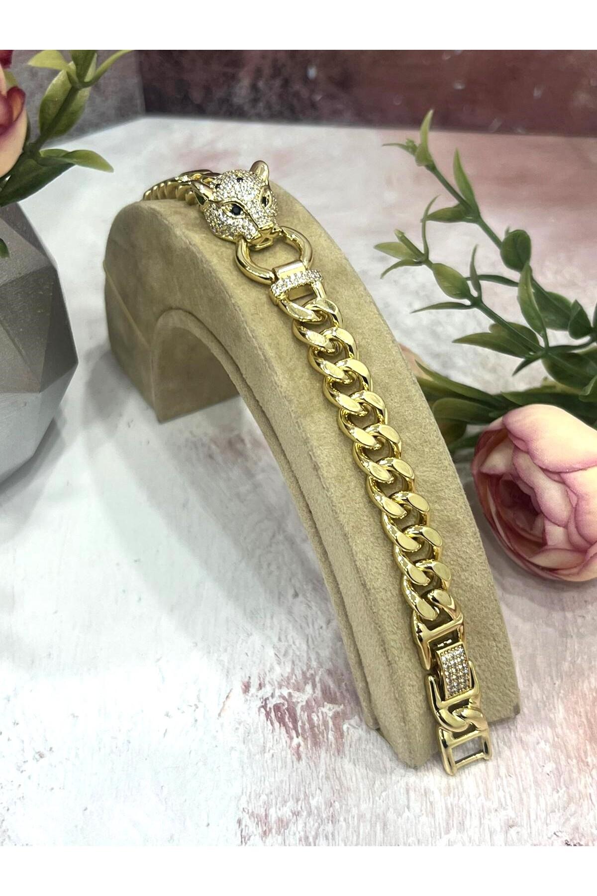 Pırlanta İşçilikli Gömme Taşlı Tasarım Bileklik (14K Gold/17-20cm) - Görsel 5