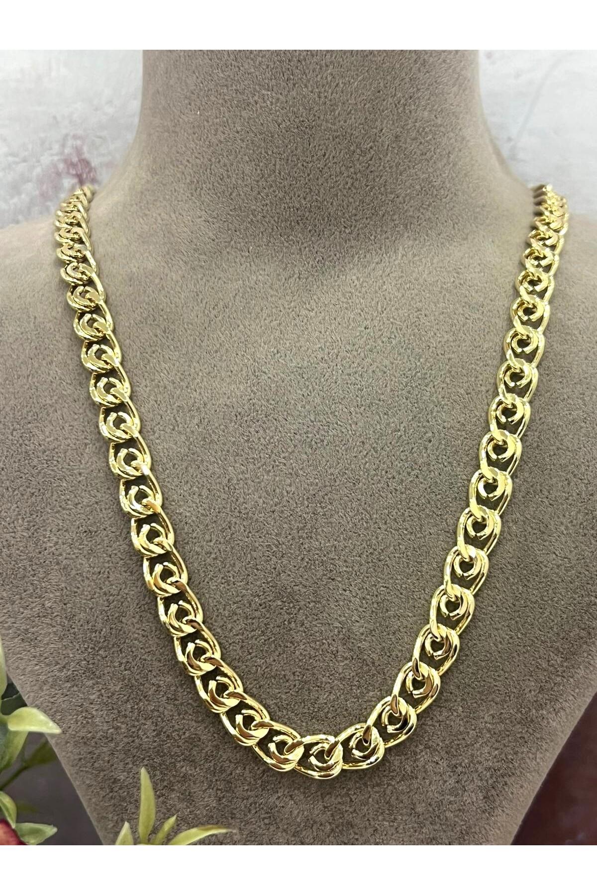 Birbirine Geçme Çok Sayıda Halkadan Oluşan Kalın Zincir Çelik Kolye (14k Gold - 60cm) - Görsel 5