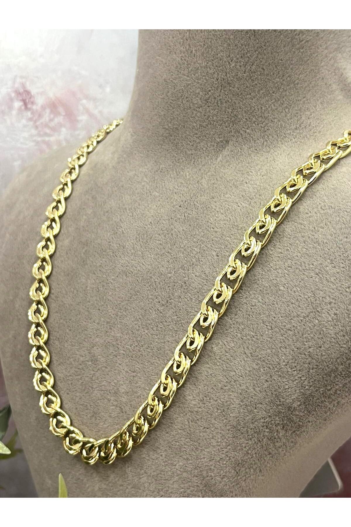 Birbirine Geçme Çok Sayıda Halkadan Oluşan Kalın Zincir Çelik Kolye (14k Gold - 60cm)