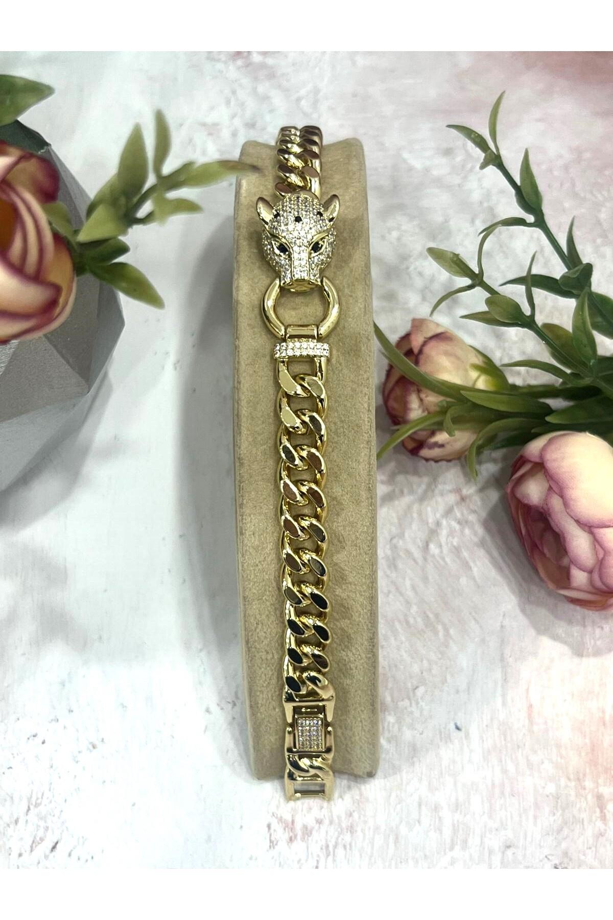 Pırlanta İşçilikli Gömme Taşlı Tasarım Bileklik (14K Gold/17-20cm) - Görsel 3