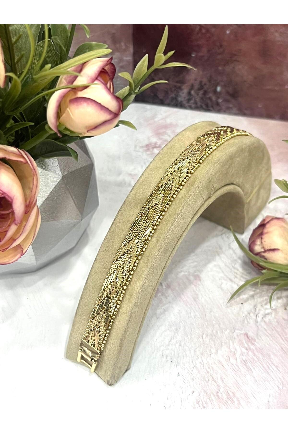 Kaplamalı Hasır Örgü Model Kuyumcu Künye 1cm (14K Gold/18cm)