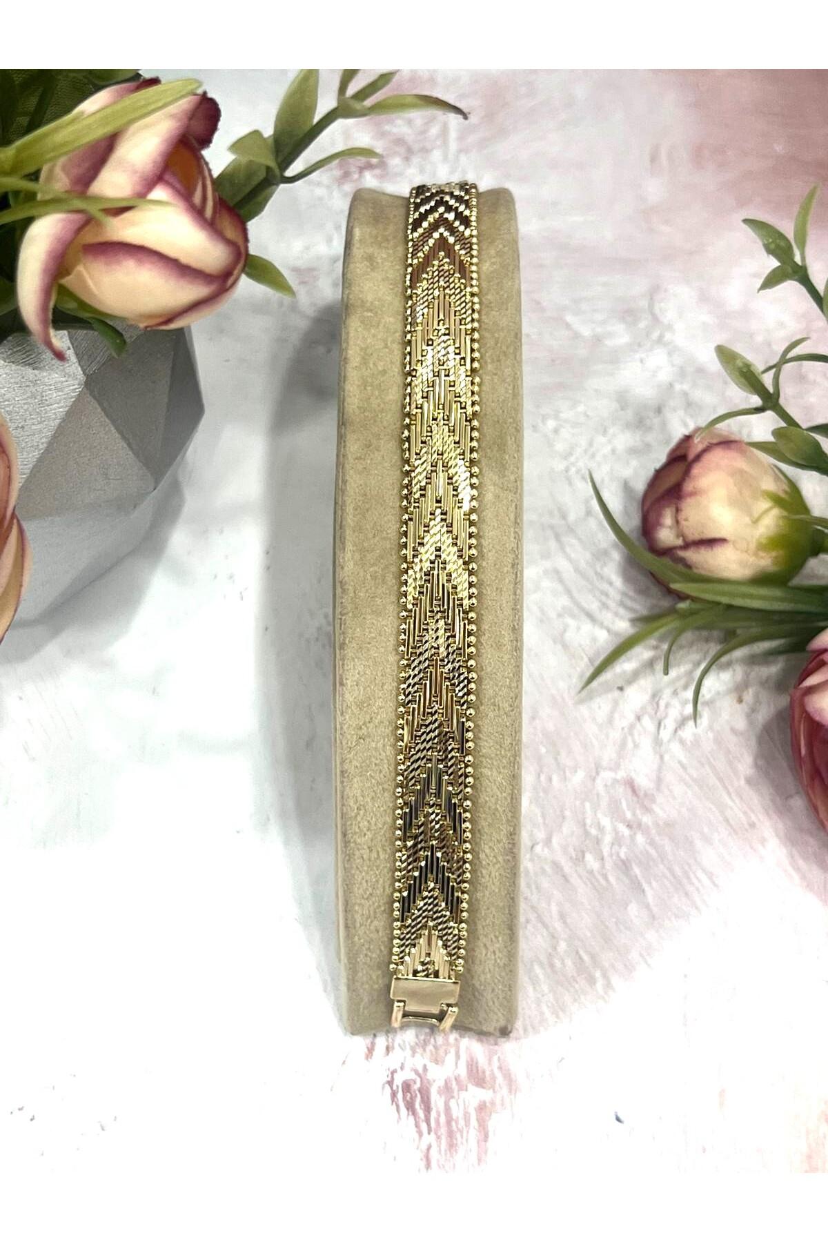 Kaplamalı Hasır Örgü Model Kuyumcu Künye 1cm (14K Gold/18cm) - Görsel 3