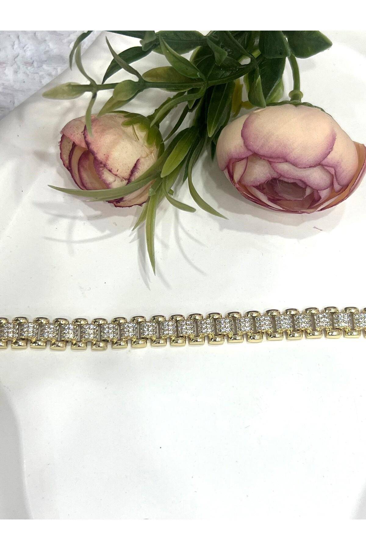 Tamtur Zirkon Taşlı Lüks Saat Kordonu Model Kadın Bileklik (Gold14k/17-19cm) - Görsel 2