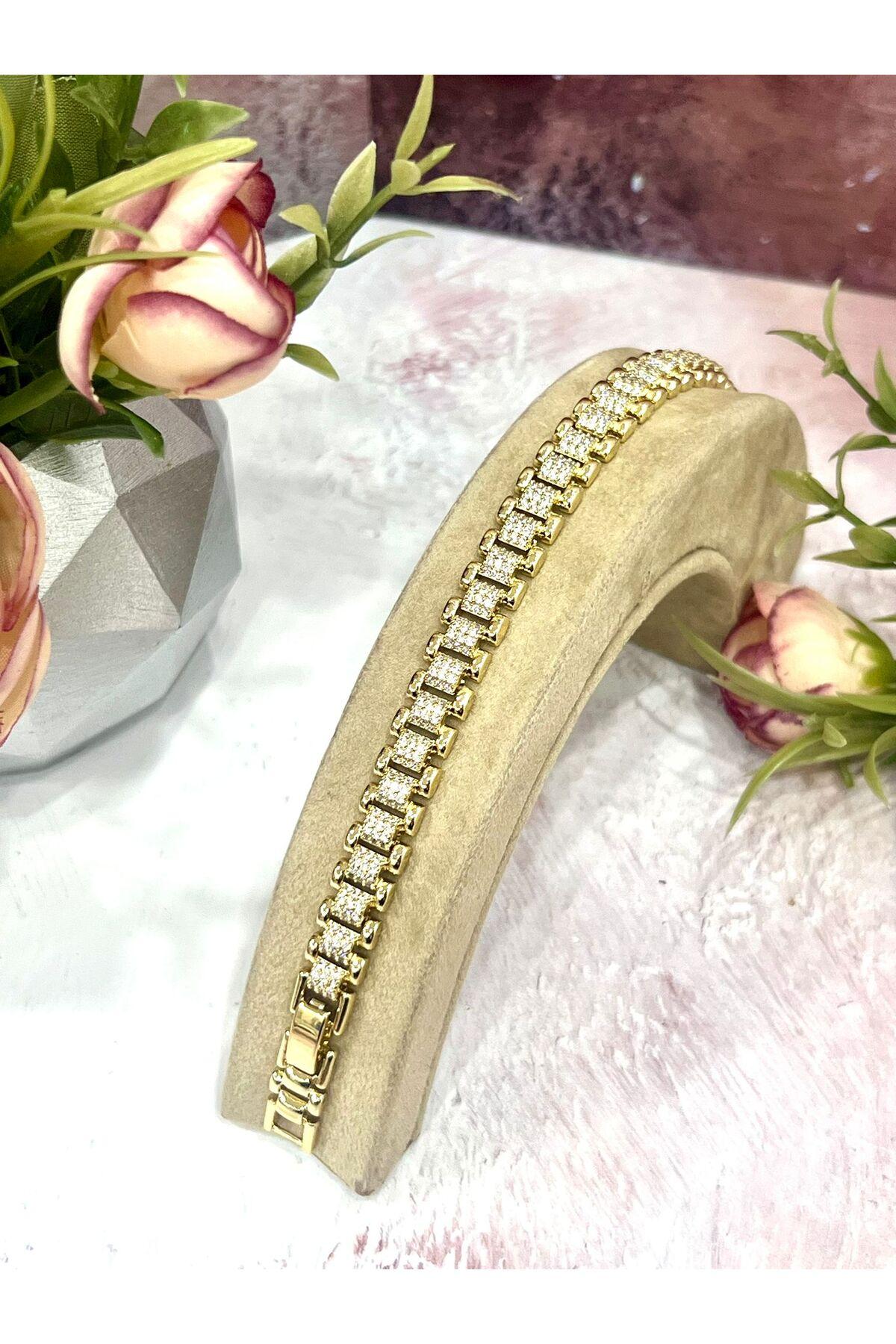 Tamtur Zirkon Taşlı Lüks Saat Kordonu Model Kadın Bileklik (Gold14k/17-19cm) - Görsel 3