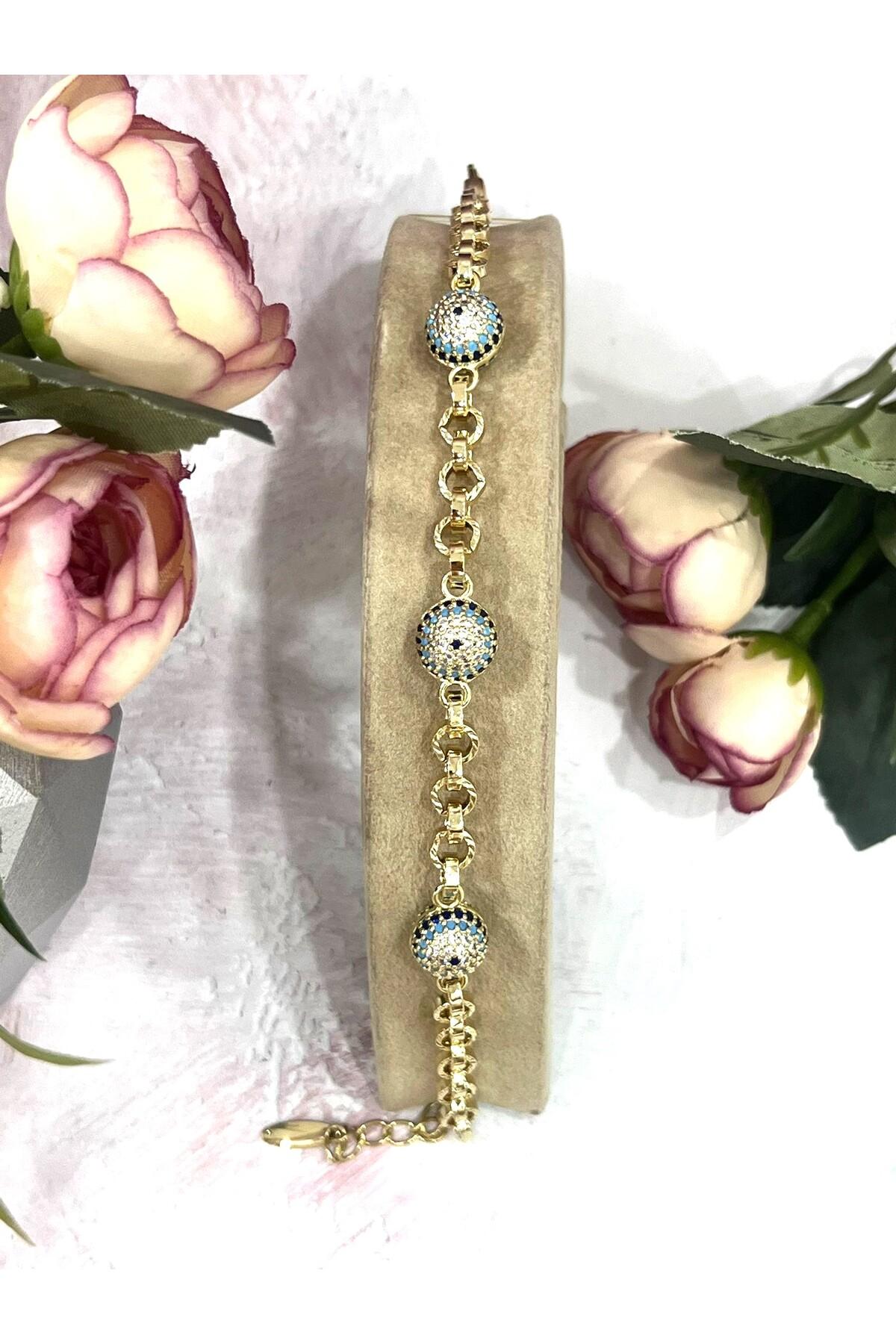 Kadın Gold Çelik Nazar Göz Figürlü Zirkon Taşlı Lüks Bileklik (Gold14k/19-22cm) - Görsel 2