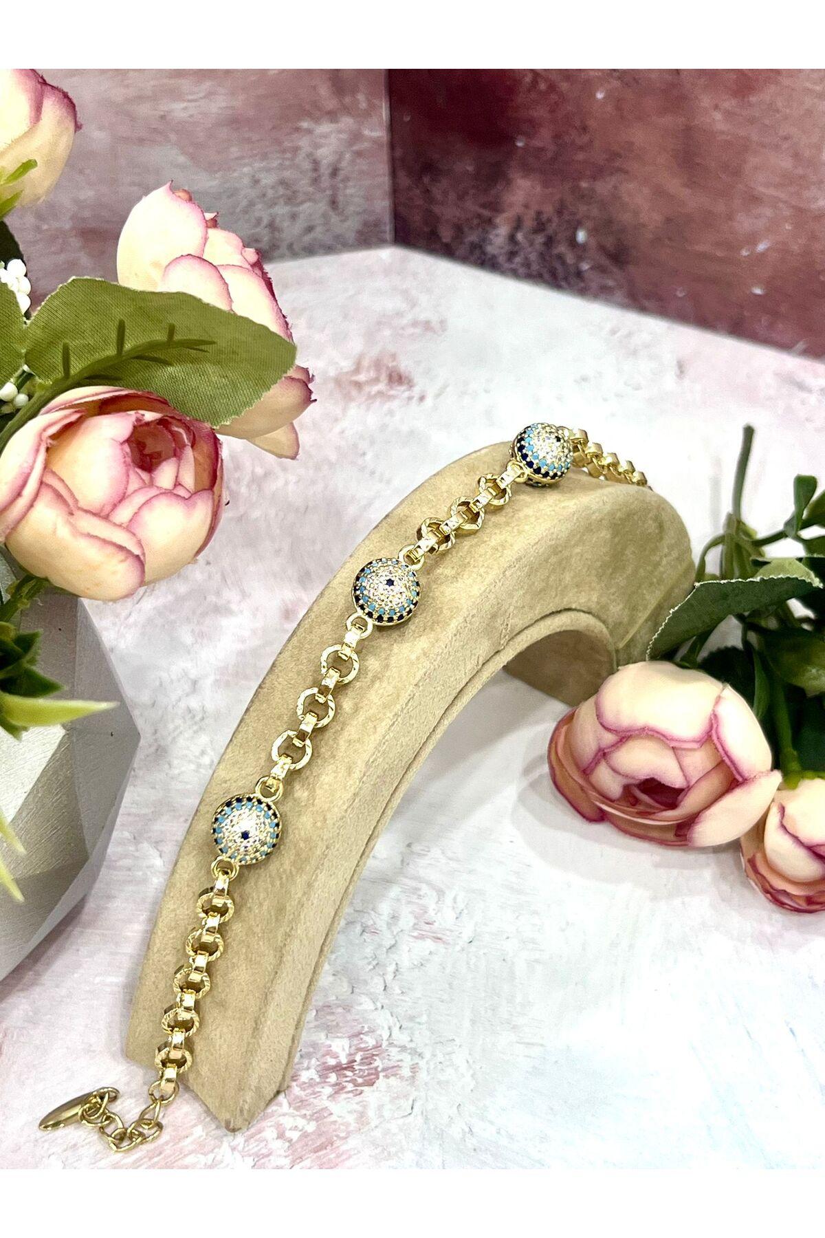 Kadın Gold Çelik Nazar Göz Figürlü Zirkon Taşlı Lüks Bileklik (Gold14k/19-22cm)