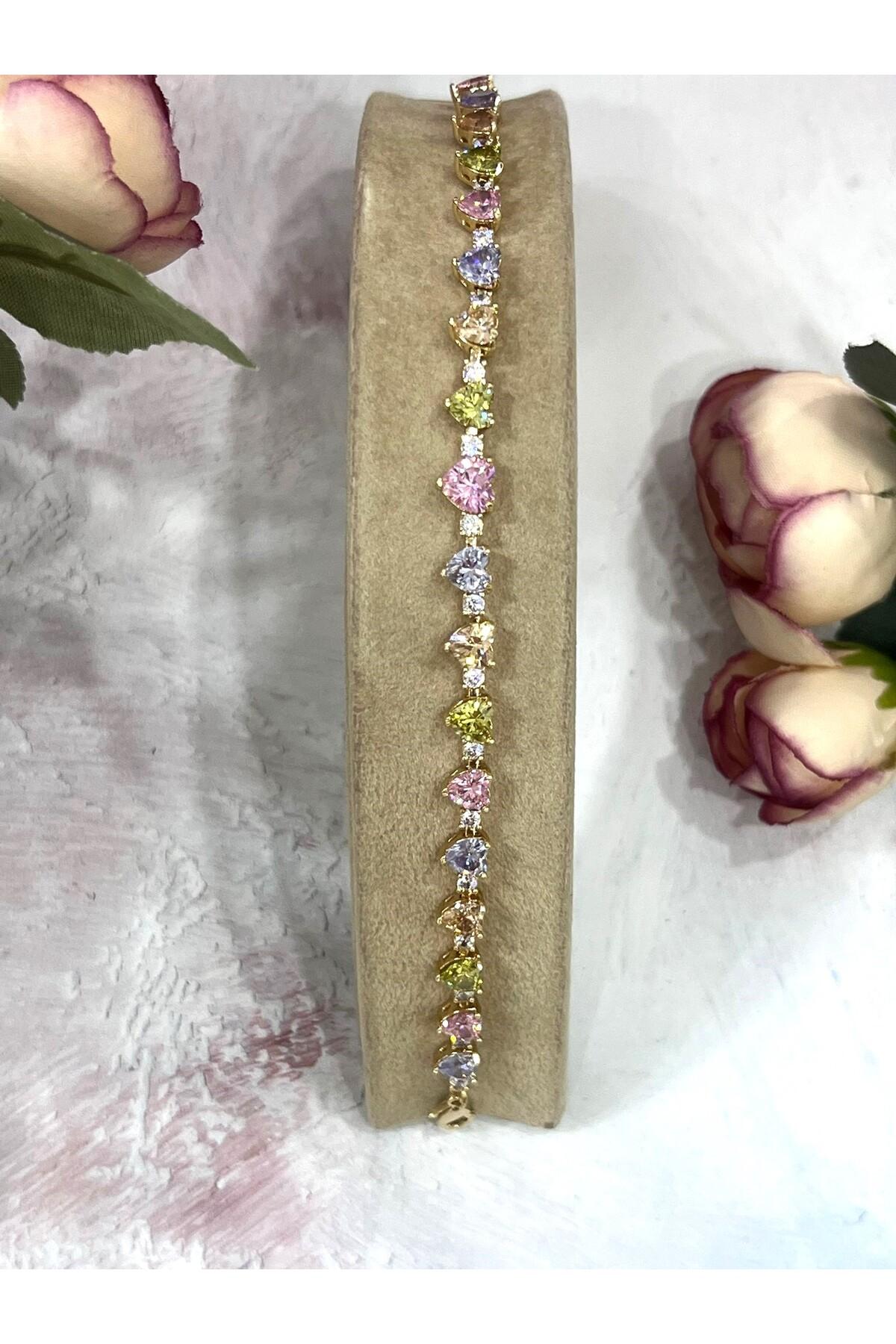 Lüks Gold Çelik Çok Renkli Kristal Taşlı Kalp Zincir Bileklik (Gold14k/16-19m) - Görsel 3