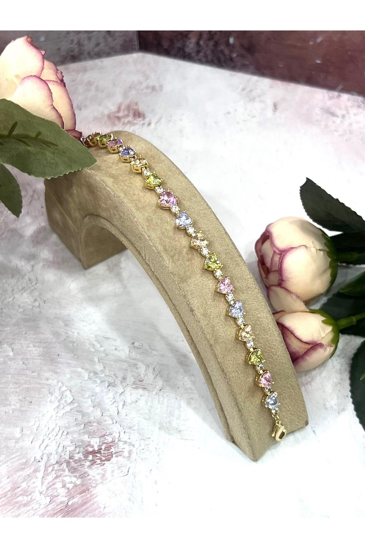 Lüks Gold Çelik Çok Renkli Kristal Taşlı Kalp Zincir Bileklik (Gold14k/16-19m) - Görsel 4
