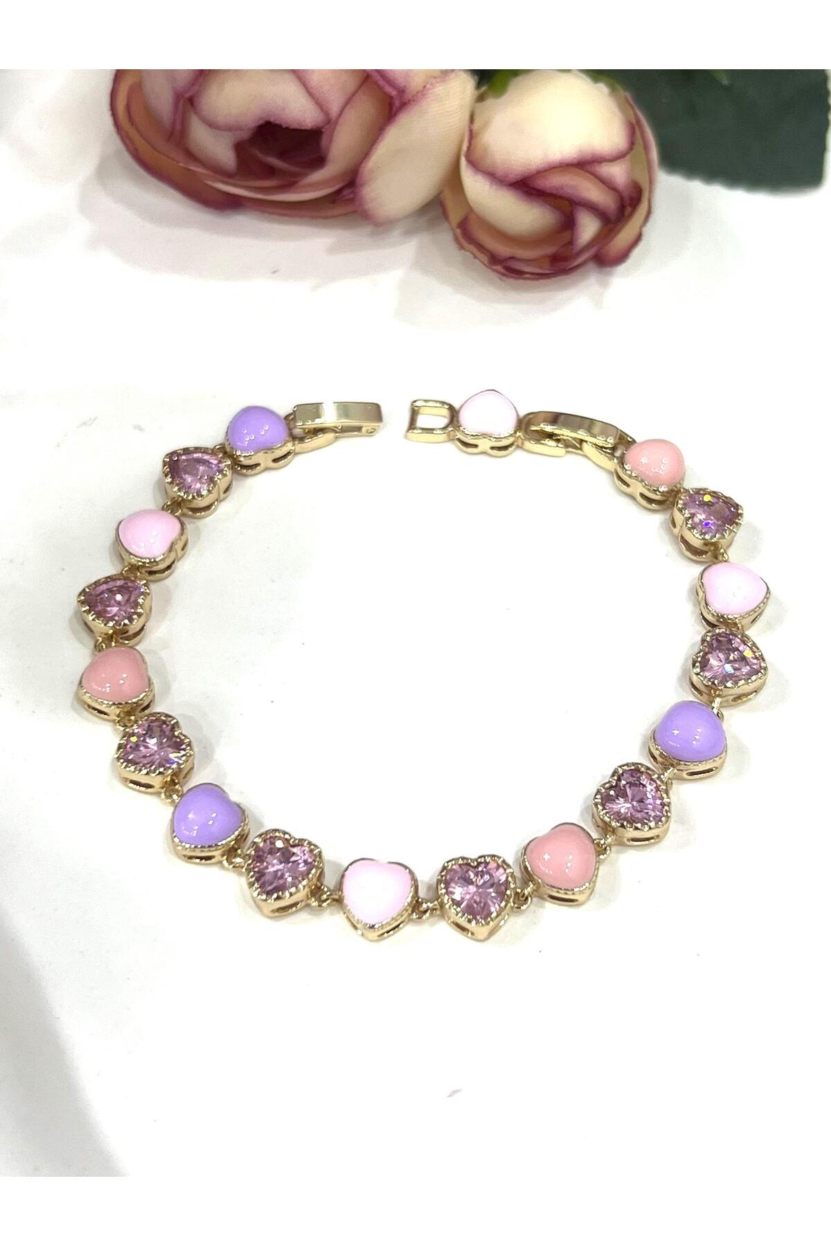 Pembe Kristal Kalp Figürlü Kadın Çelik Bileklik (Gold14k/19-22cm) - Görsel 2