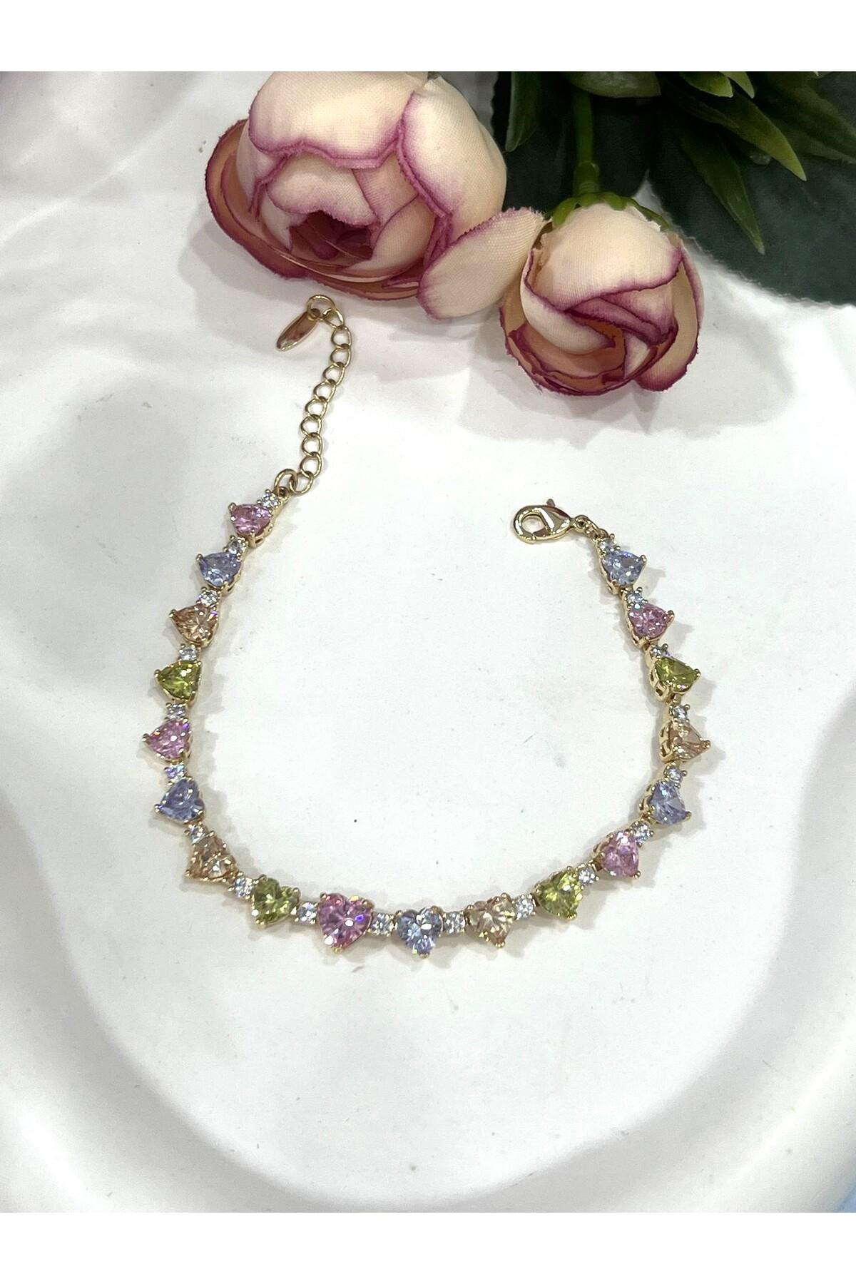 Lüks Gold Çelik Çok Renkli Kristal Taşlı Kalp Zincir Bileklik (Gold14k/16-19m) - Görsel 6