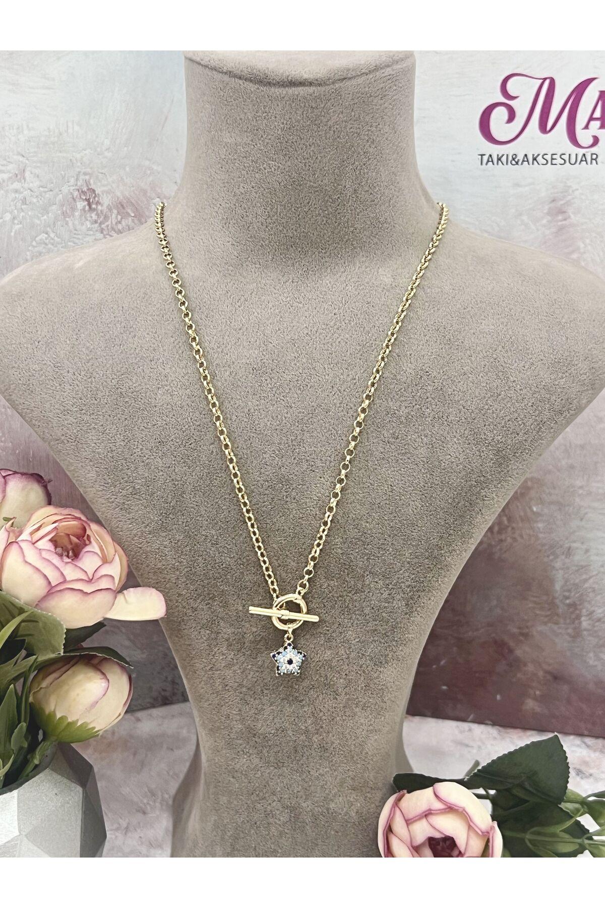 T Bar Kilitli Yıldız Detaylı Nazar Boncuklu Kadın Kolye (18k RoseGold - 45cm) - Görsel 3
