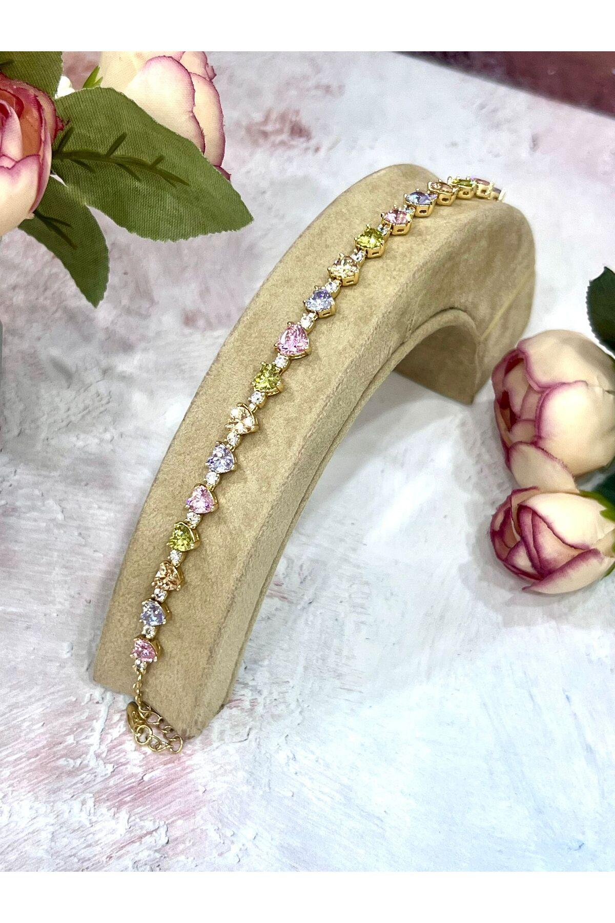 Lüks Gold Çelik Çok Renkli Kristal Taşlı Kalp Zincir Bileklik (Gold14k/16-19m)