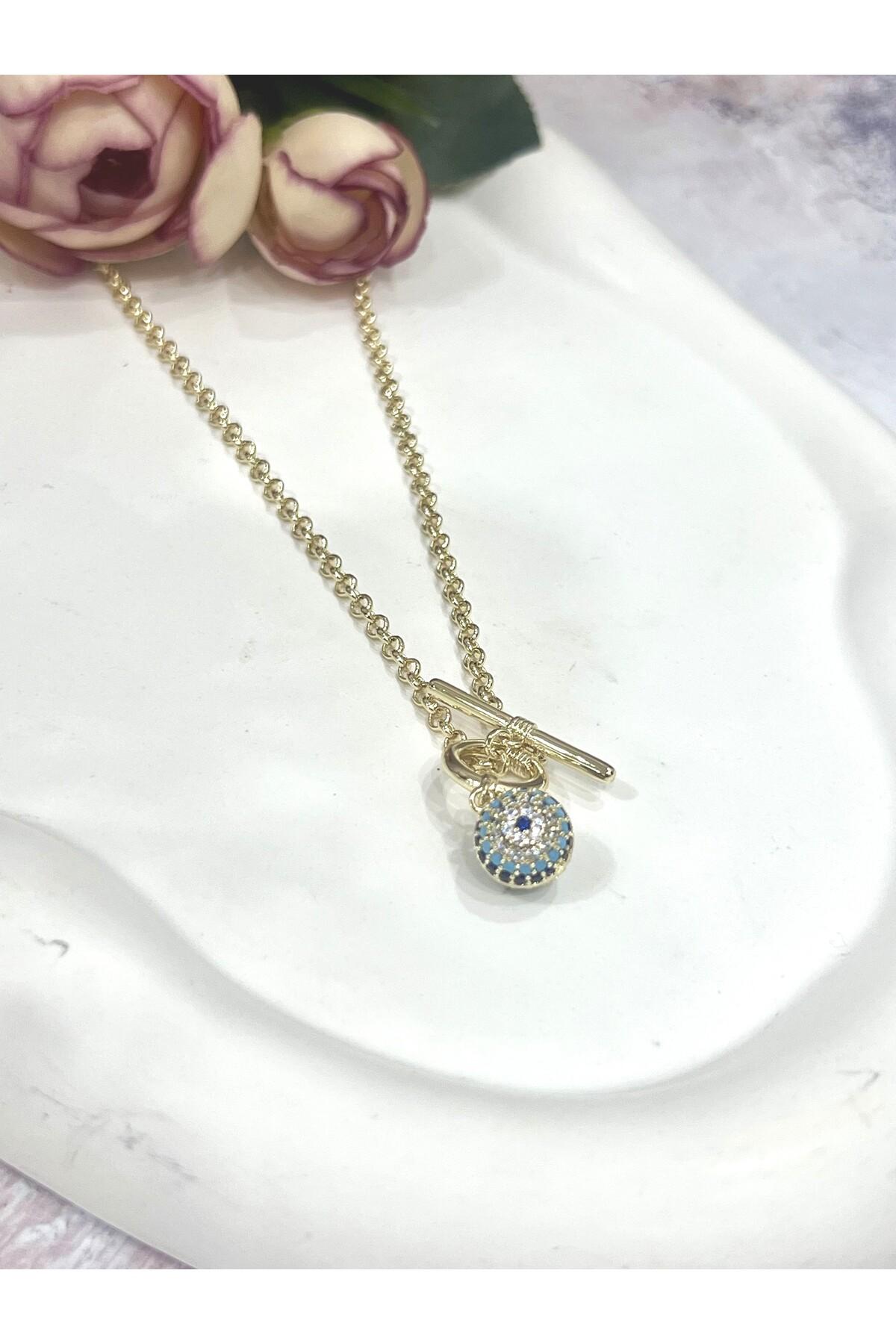 Minimal Yuvarlak Nazar Figürlü Gold Renk Kadın Kolye (14k Gold - 45cm) - Görsel 4