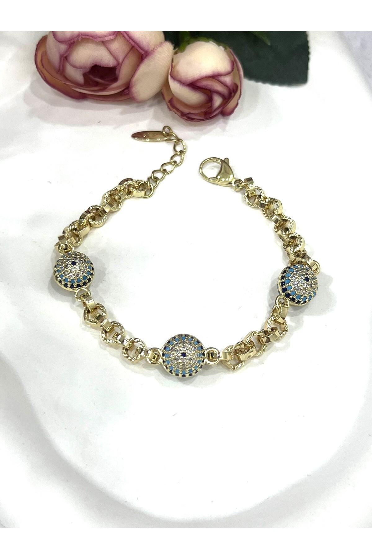 Kadın Gold Çelik Nazar Göz Figürlü Zirkon Taşlı Lüks Bileklik (Gold14k/19-22cm) - Görsel 3