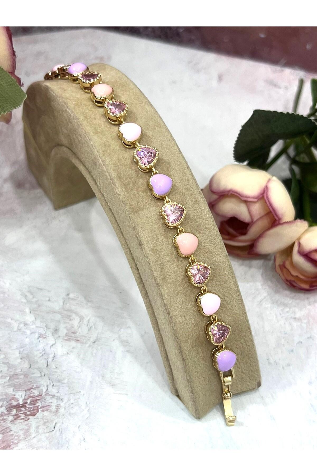 Pembe Kristal Kalp Figürlü Kadın Çelik Bileklik (Gold14k/19-22cm) - Görsel 5